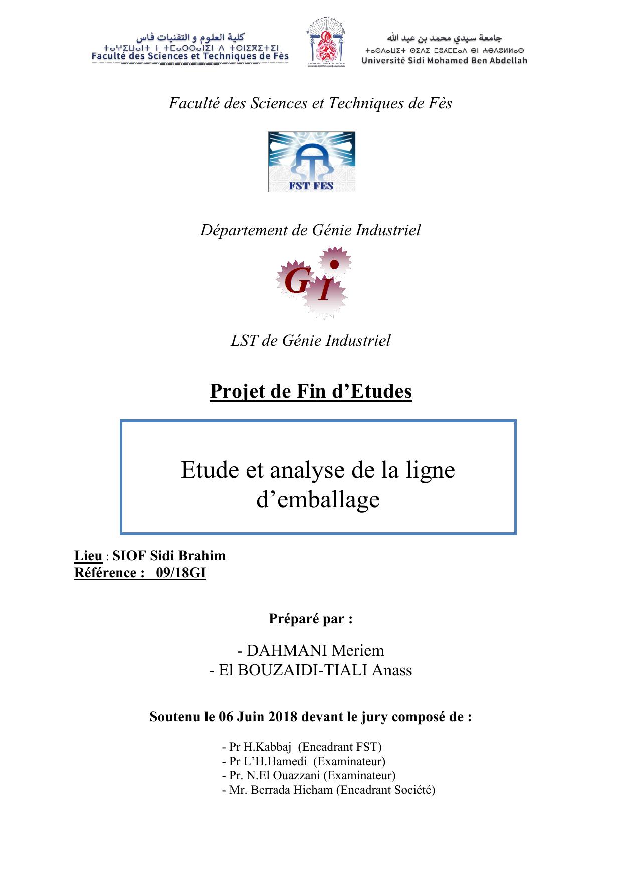 Etude et analyse de la ligne d’emballage