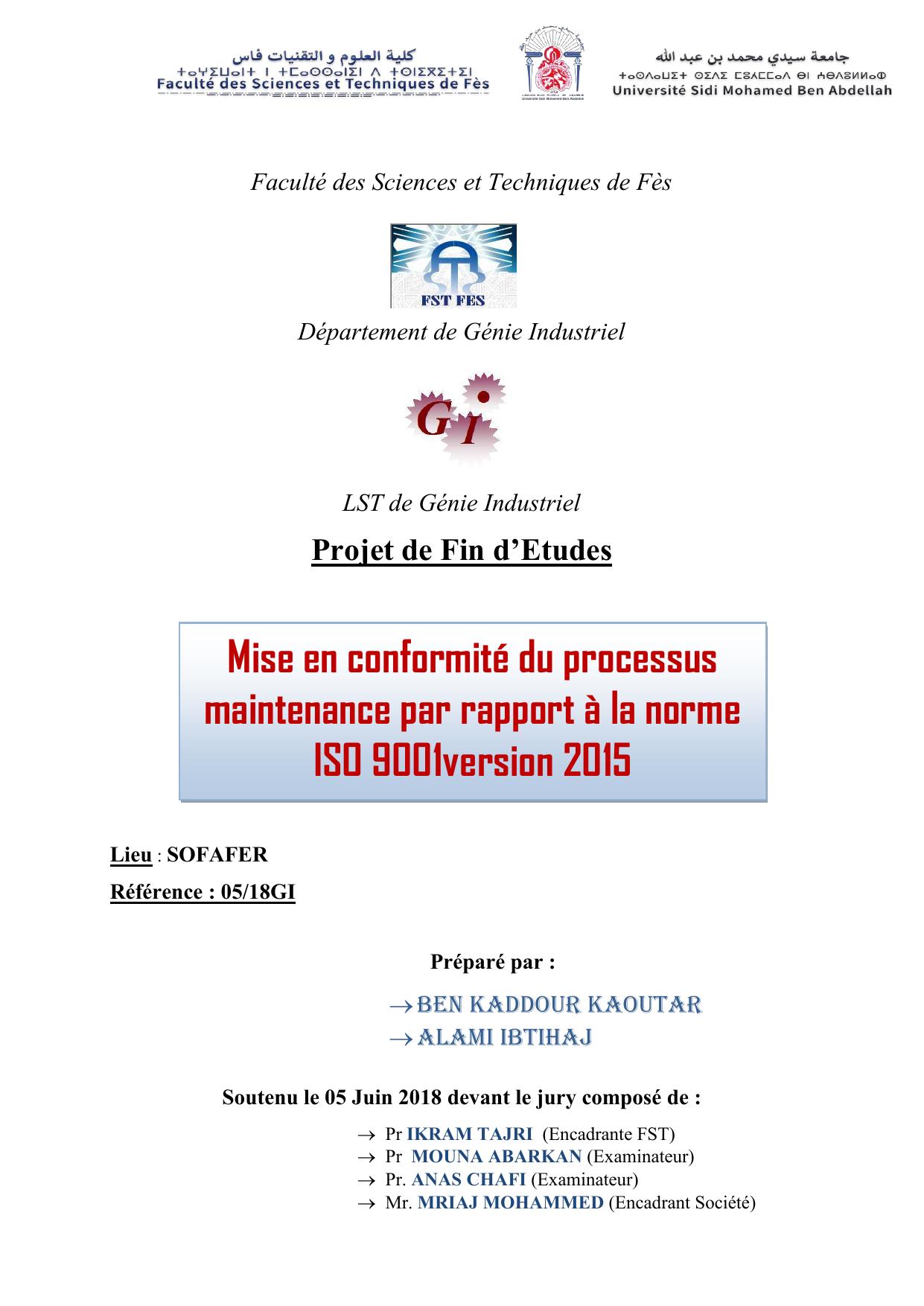 Mise en conformité du processus maintenance par rapport à la norme ISO 9001version 2015