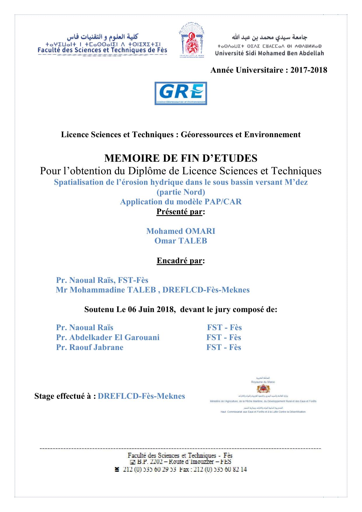 Spatialisation de l’érosion hydrique dans le sous bassin versant M’dez (partie Nord) Application du modèle PAP/CAR