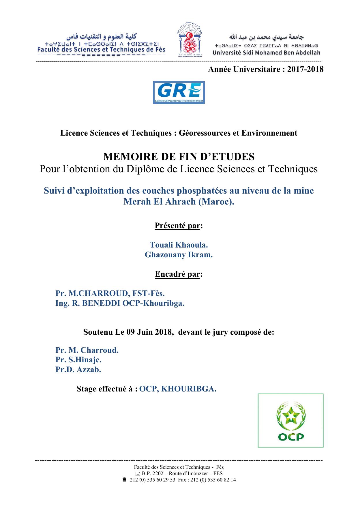 Suivi d’exploitation des couches phosphatées au niveau de la mine Merah El Ahrach (Maroc)