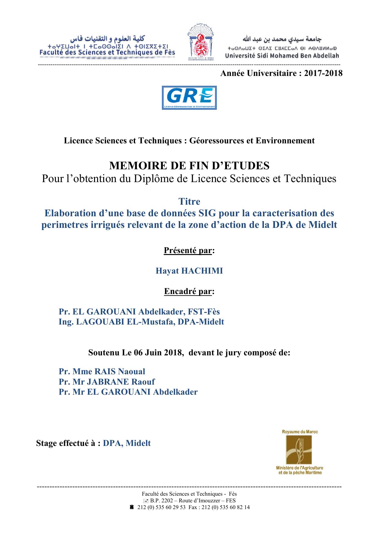 Elaboration d’une base de données SIG pour la caracterisation des perimetres irrigués relevant de la zone d’action de la DPA de Midelt