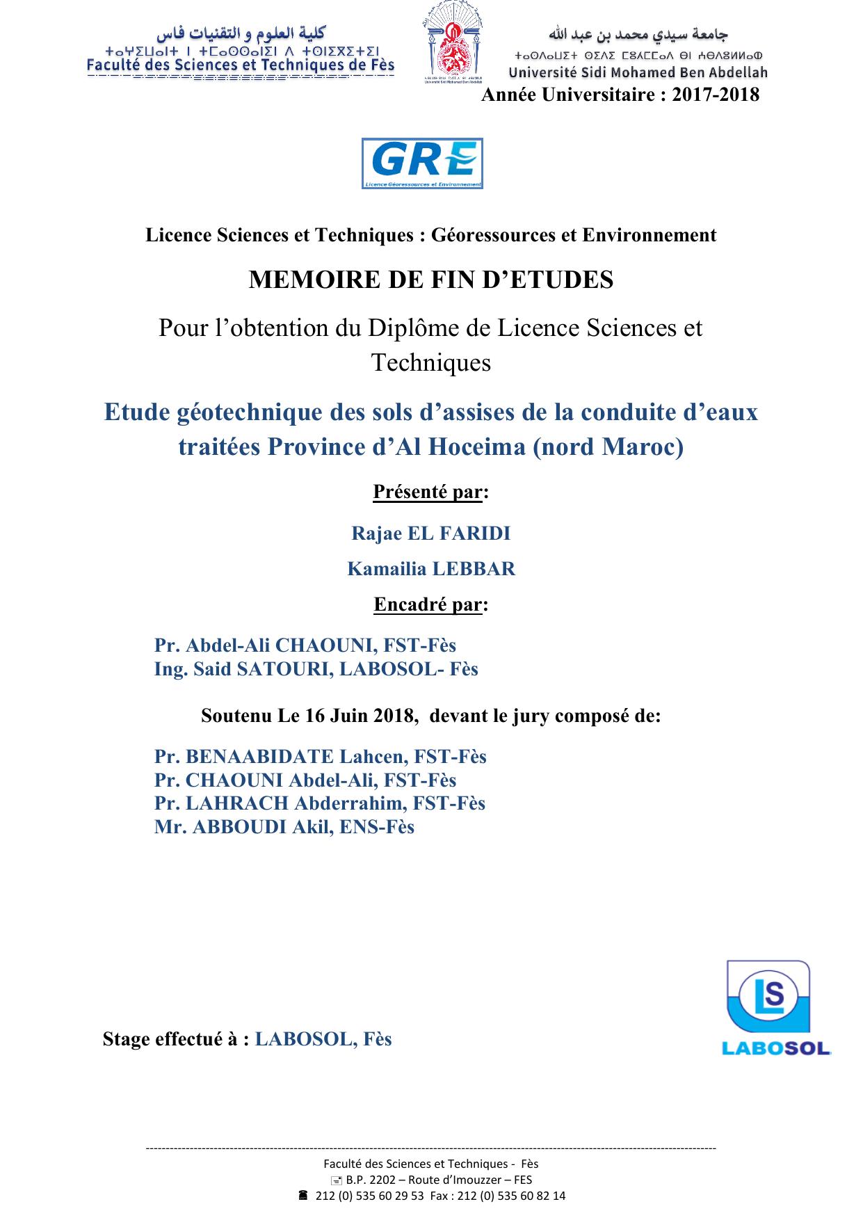 Etude géotechnique des sols d’assises de la conduite d’eaux traitées Province d’Al Hoceima (nord Maroc)