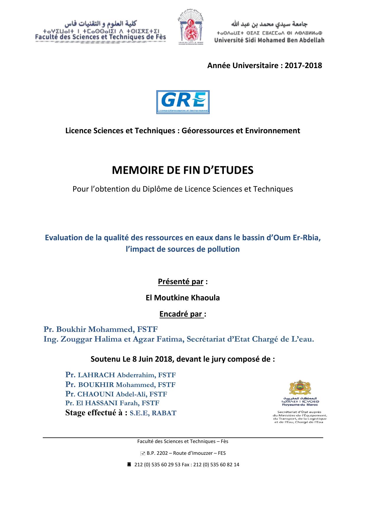 Evaluation de la qualité des ressources en eaux dans le bassin d’Oum Er-Rbia, l’impact de sources de pollution