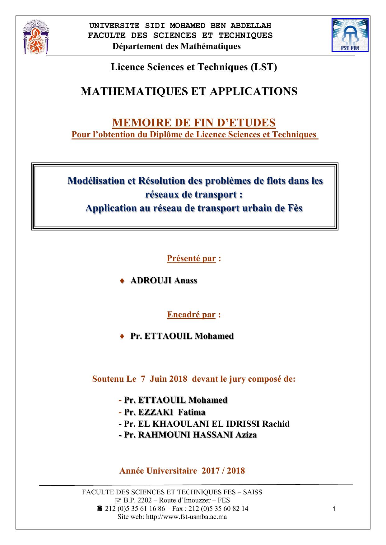 Modélisation et Résolution des problèmes de flots dans les réseaux de transport : Application au réseau de transport urbain de Fès