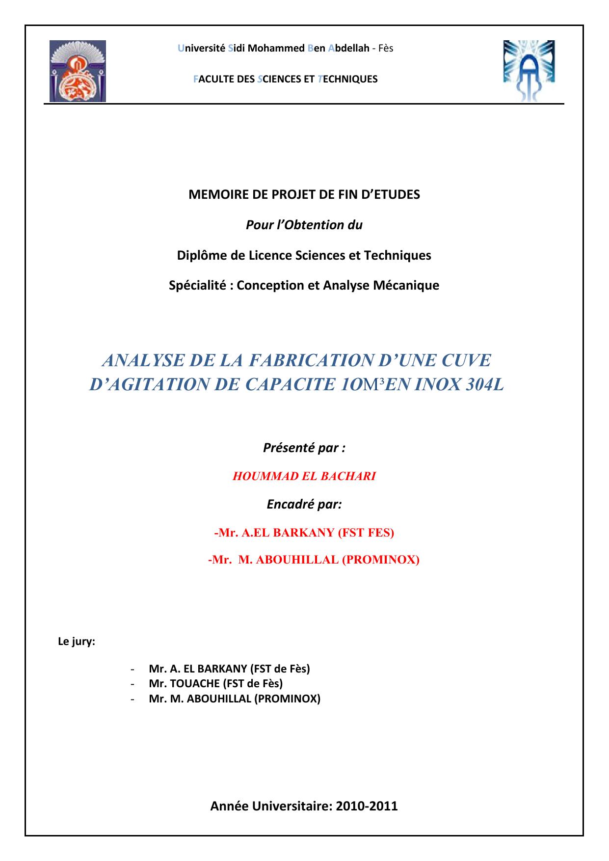 Analyse de la fabrication d'une cuve d'agitation de capacité 10M3 en Inox 304L