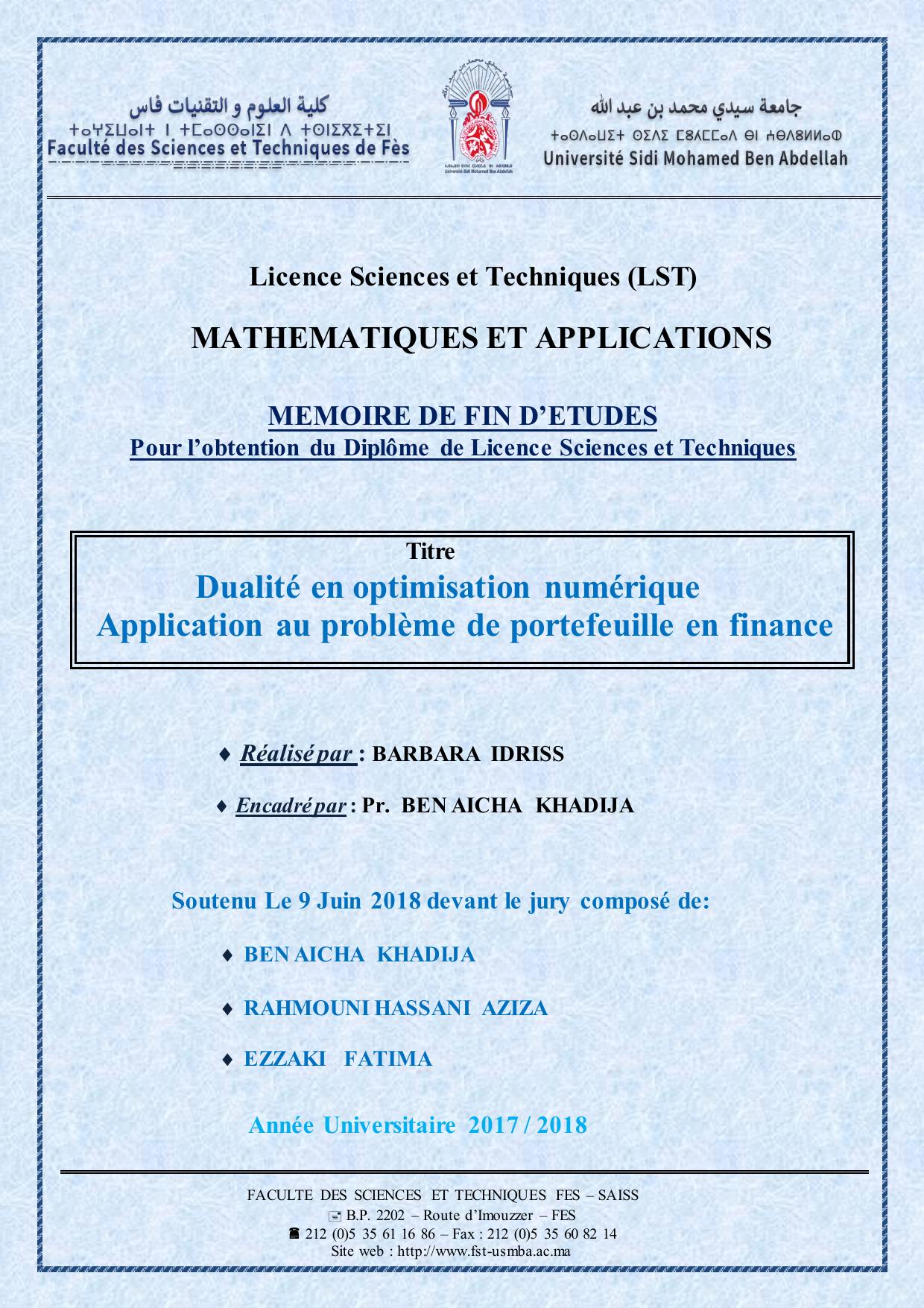 Dualité en optimisation numérique Application au problème de portefeuille en finance