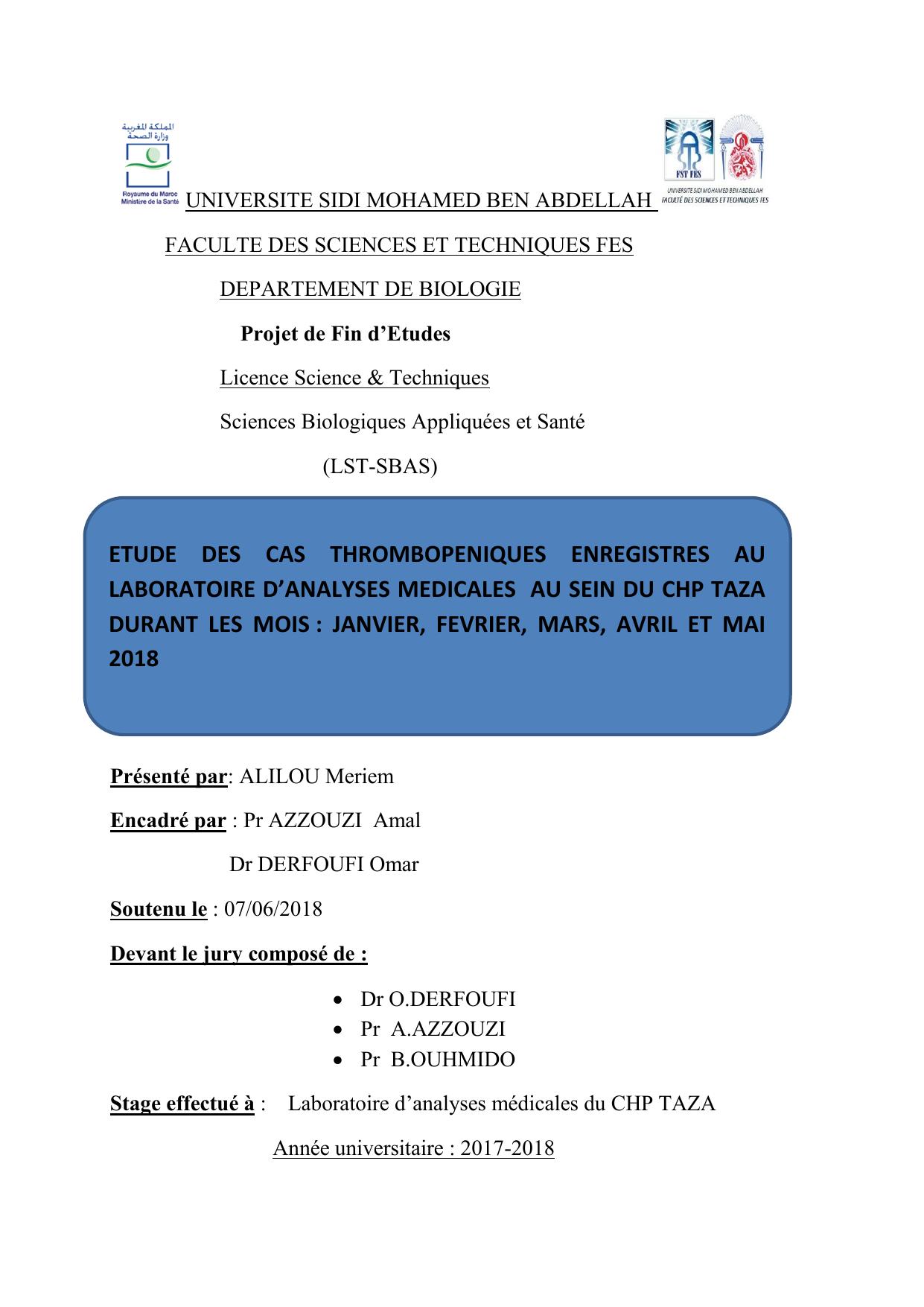 Etude des cas thrombopéniques enregistrés au laboratoire d'analyses médicales au sein du CHIP Taza durant les mois: Janvier, Février, Mars, Avril et Mai 2018