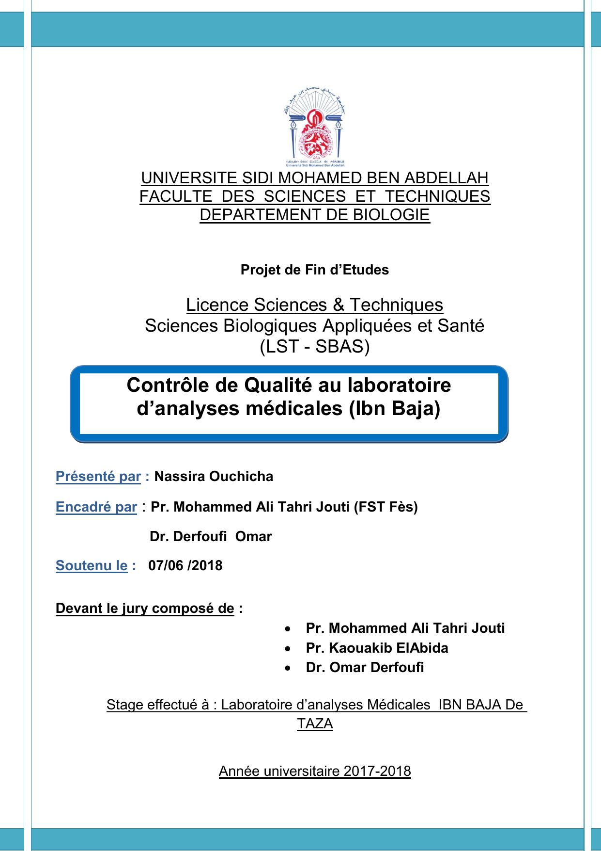 Contrôle de Qualité au laboratoire d’analyses médicales (Ibn Baja)