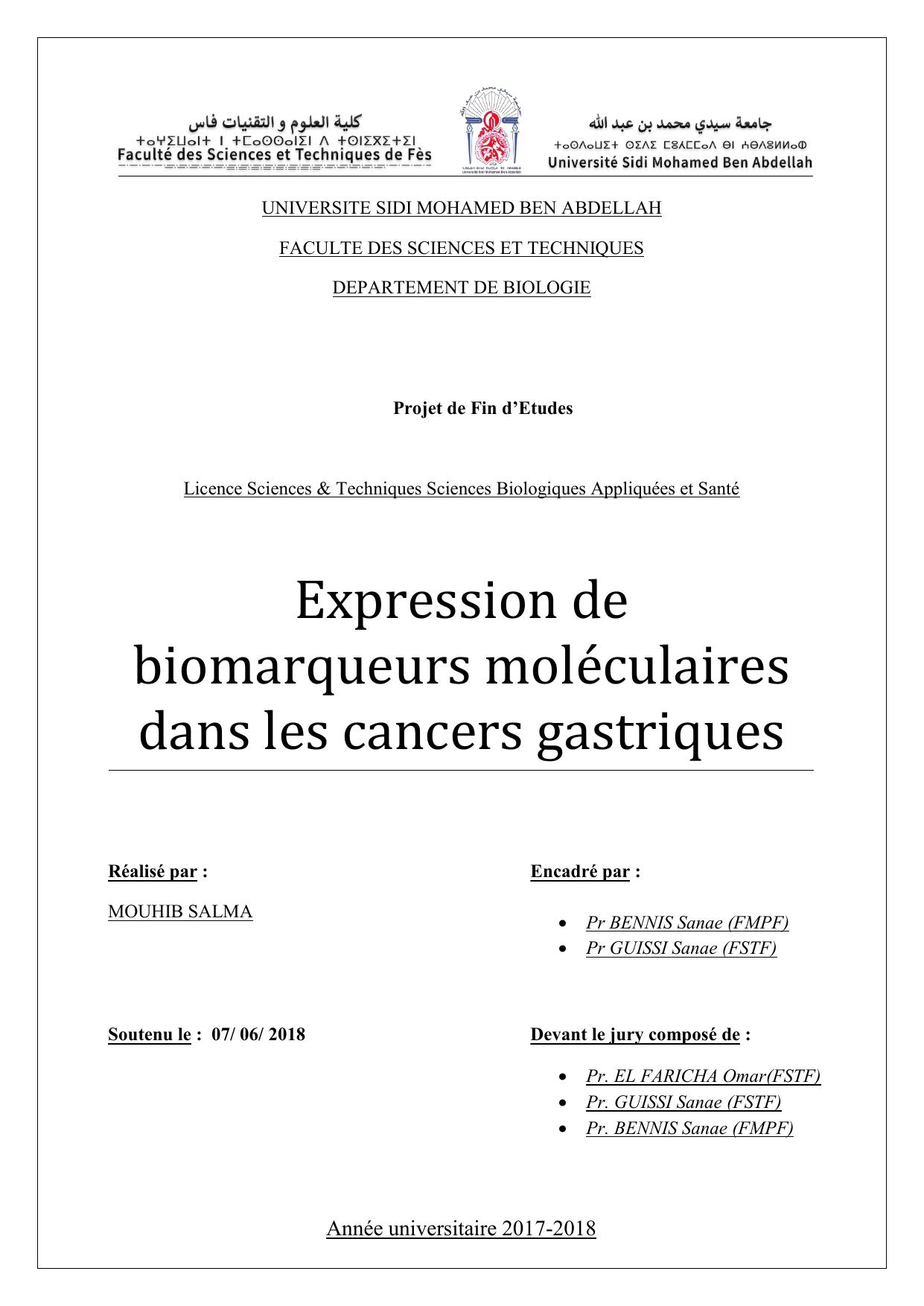 Expression de biomarqueurs moléculaires dans les cancers gastriques