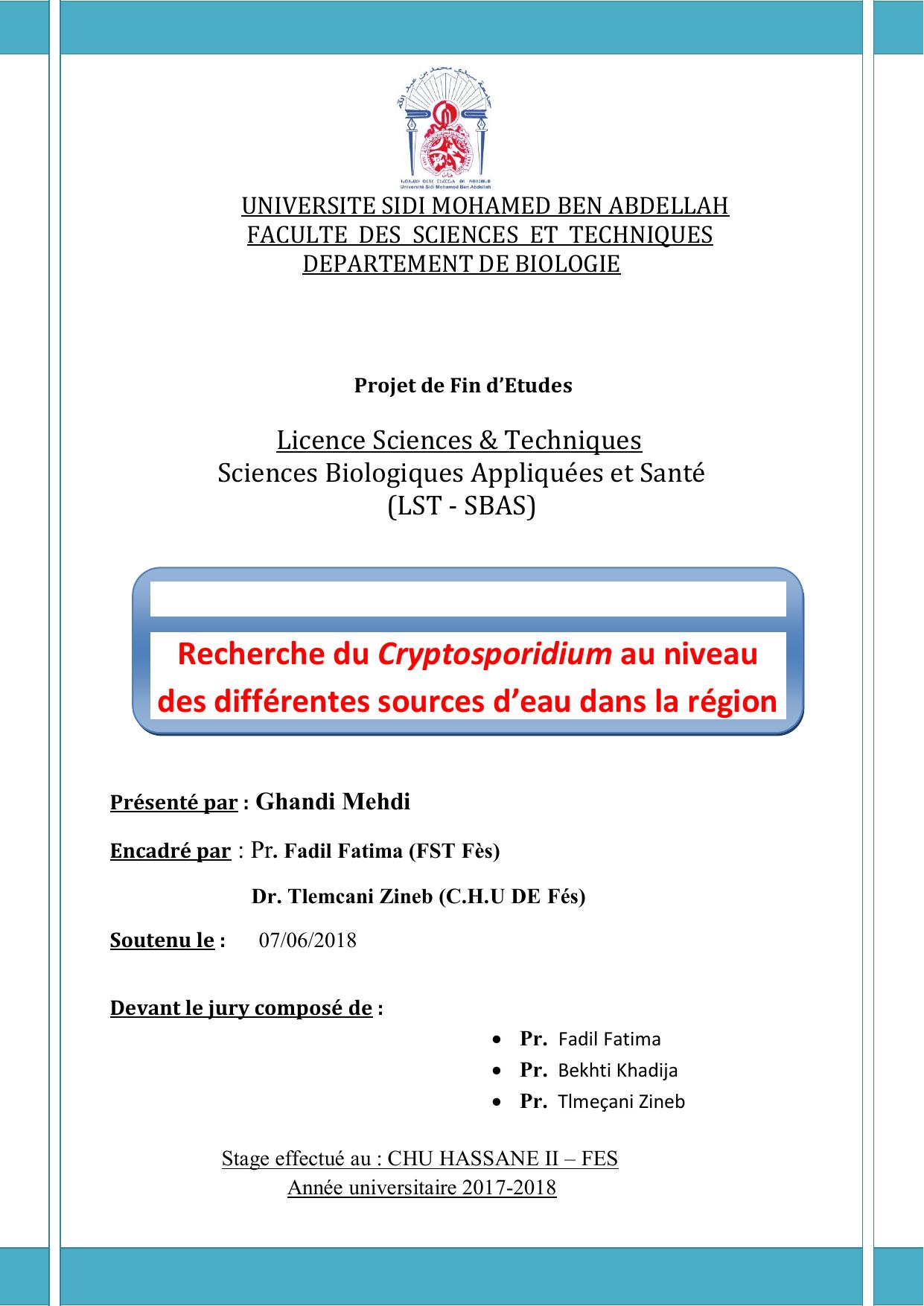 Recherche du Cryptosporidium au niveau des différentes sources d’eau dans la région