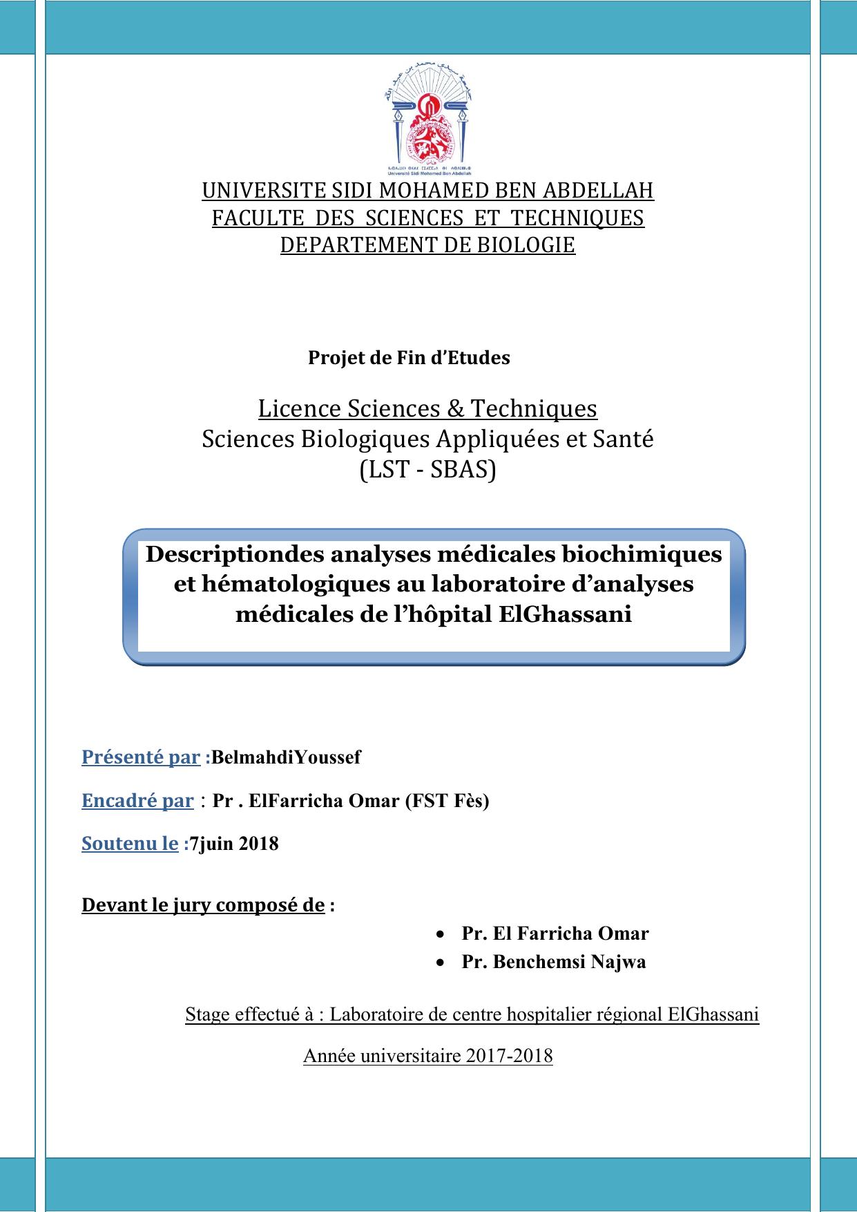Descriptiondes analyses médicales biochimiques et hématologiques au laboratoire d’analyses médicales de l’hôpital ElGhassani