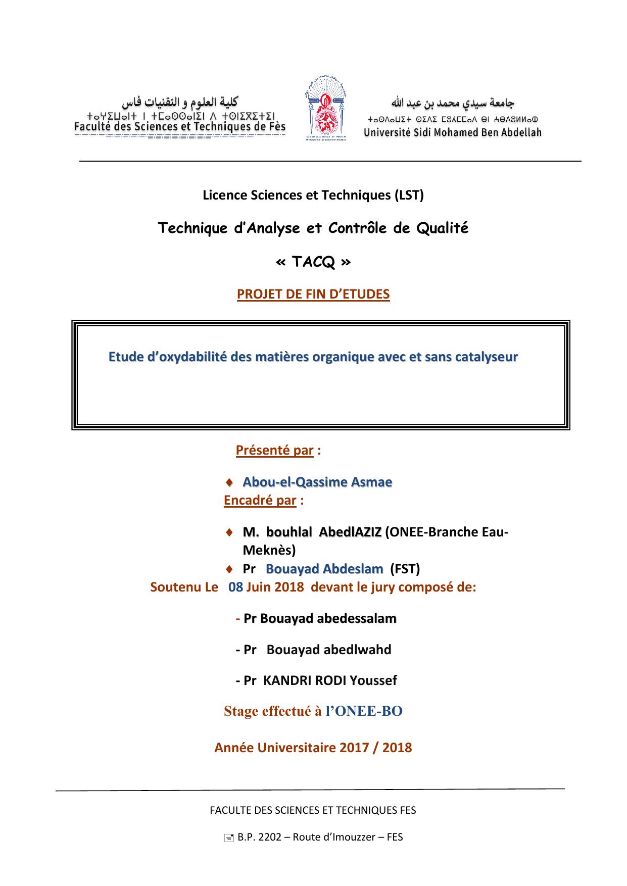 Etude d’oxydabilité des matières organique avec et sans catalyseur