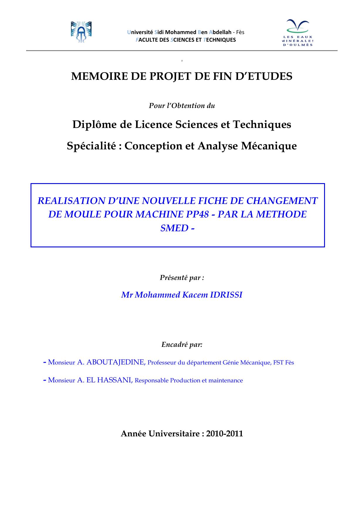 Réalisation d'une nouvelle fiche de changement de moule pour machine PP48-Par la méthode SMED