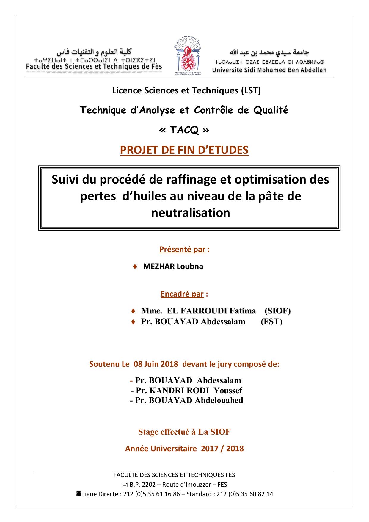 Suivi du procédé de raffinage et optimisation des pertes d’huiles au niveau de la pâte de neutralisation