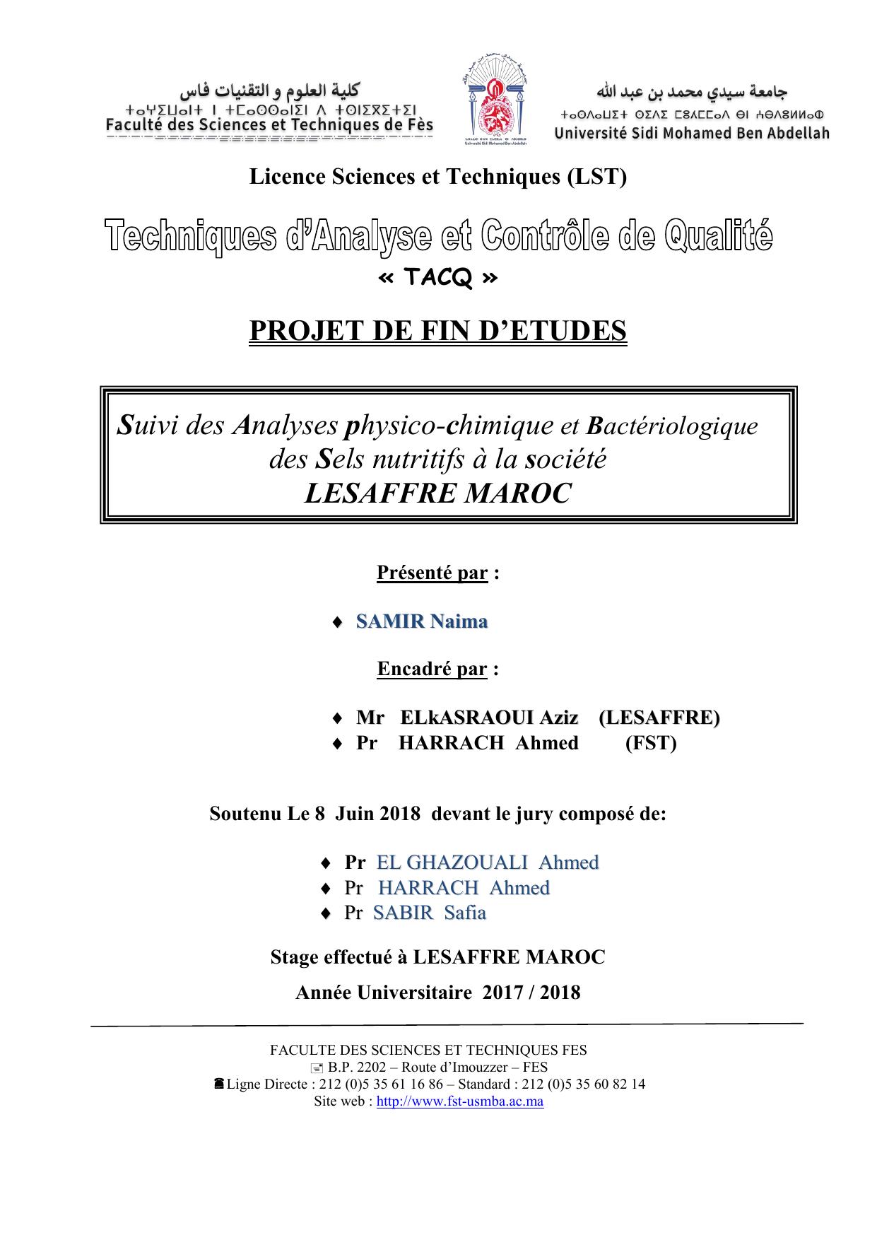 Suivi des Analyses physico-chimique et Bactériologique des Sels nutritifs à la société LESAFFRE MAROC