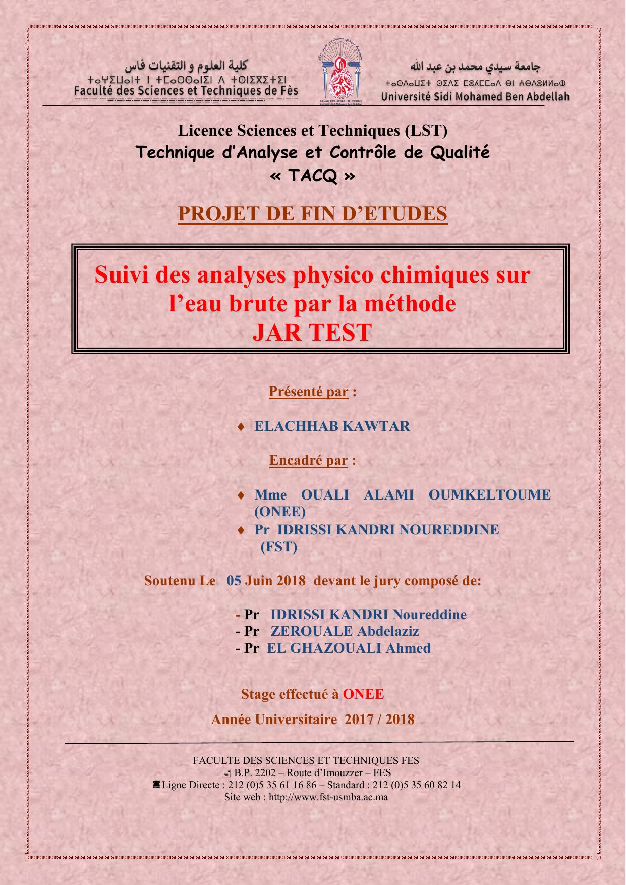 Suivi des analyses physico chimiques sur l’eau brute par la méthode JAR TEST