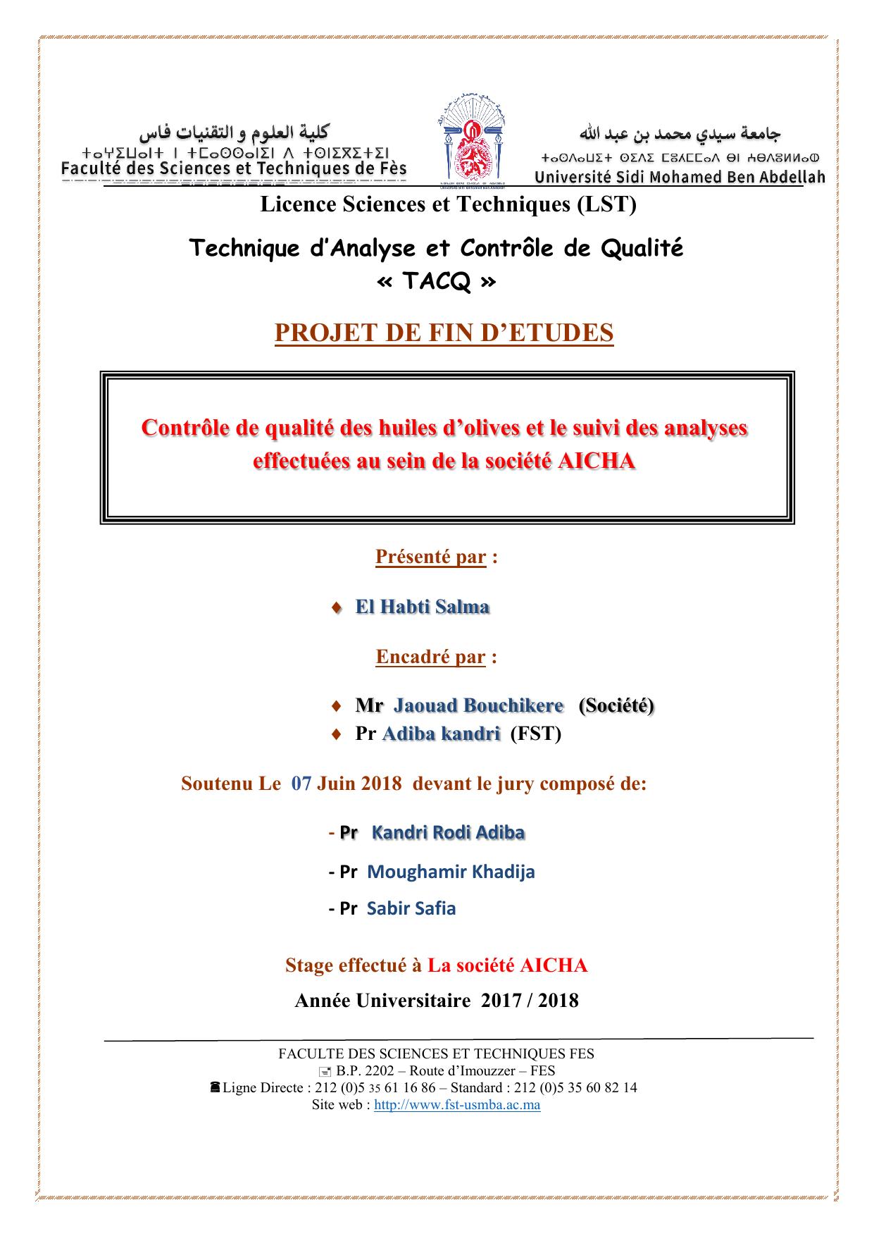 Contrôle de qualité des huiles d’olives et le suivi des analyses effectuées au sein de la société AICHA