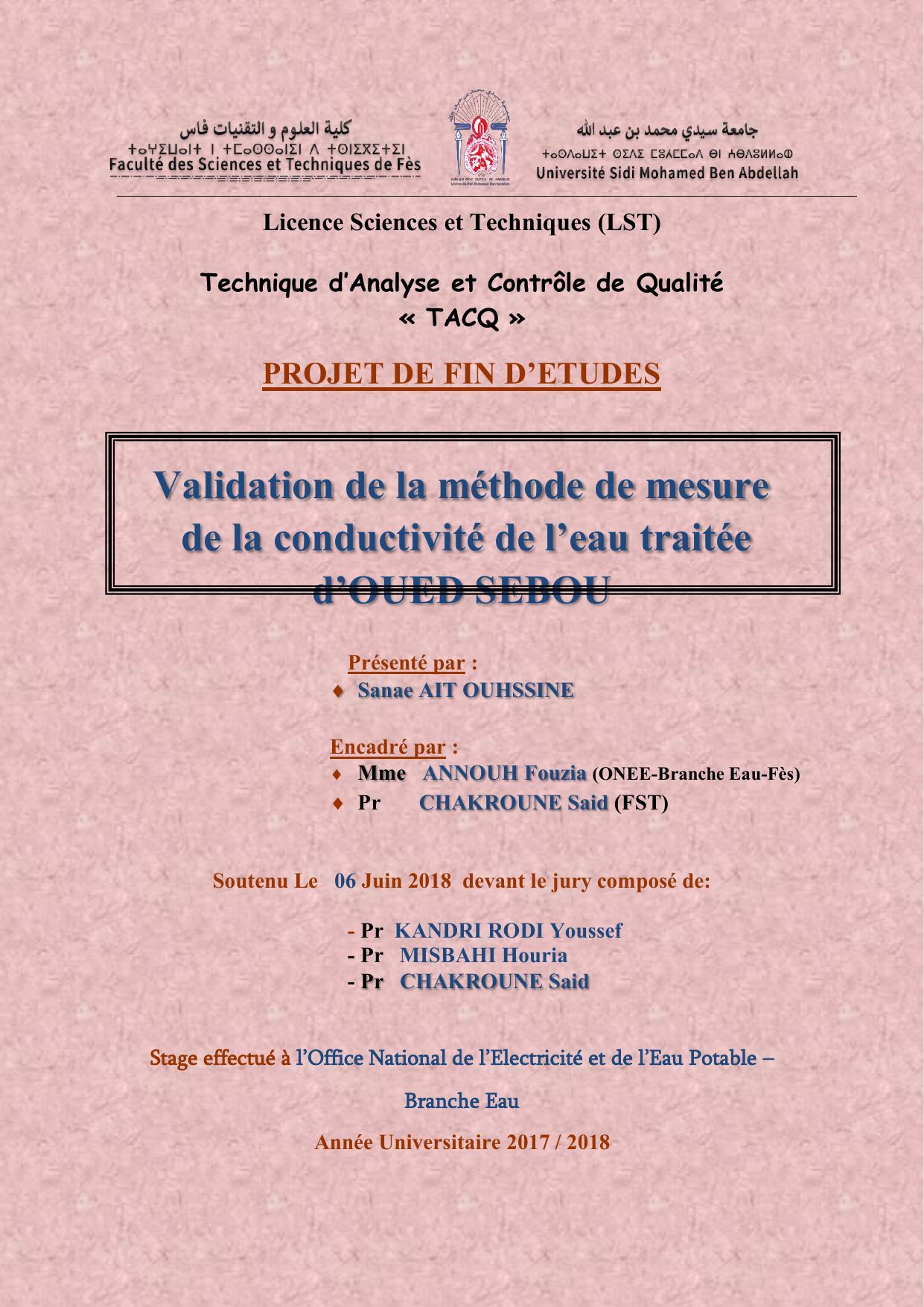 Validation de la méthode de mesure de la conductivité de l'eau traitée d'OUED SEBOU