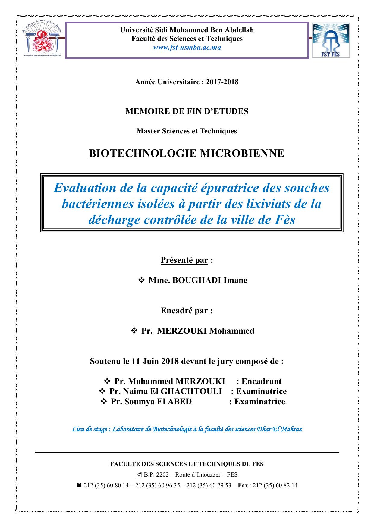 Evaluation de la capacité épuratrice des souches bactériennes isolées à partir des lixiviats de la décharge contrôlée de la ville de Fès