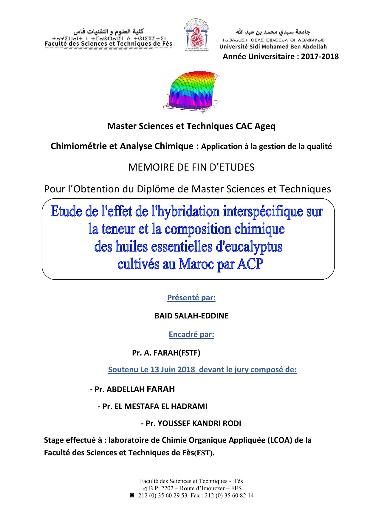 Etude de l’effet de l'hybridation interspécifique sur la teneur et la composition chimique des huiles essentielles d'eucalyptus cultivés au Maroc par ACP