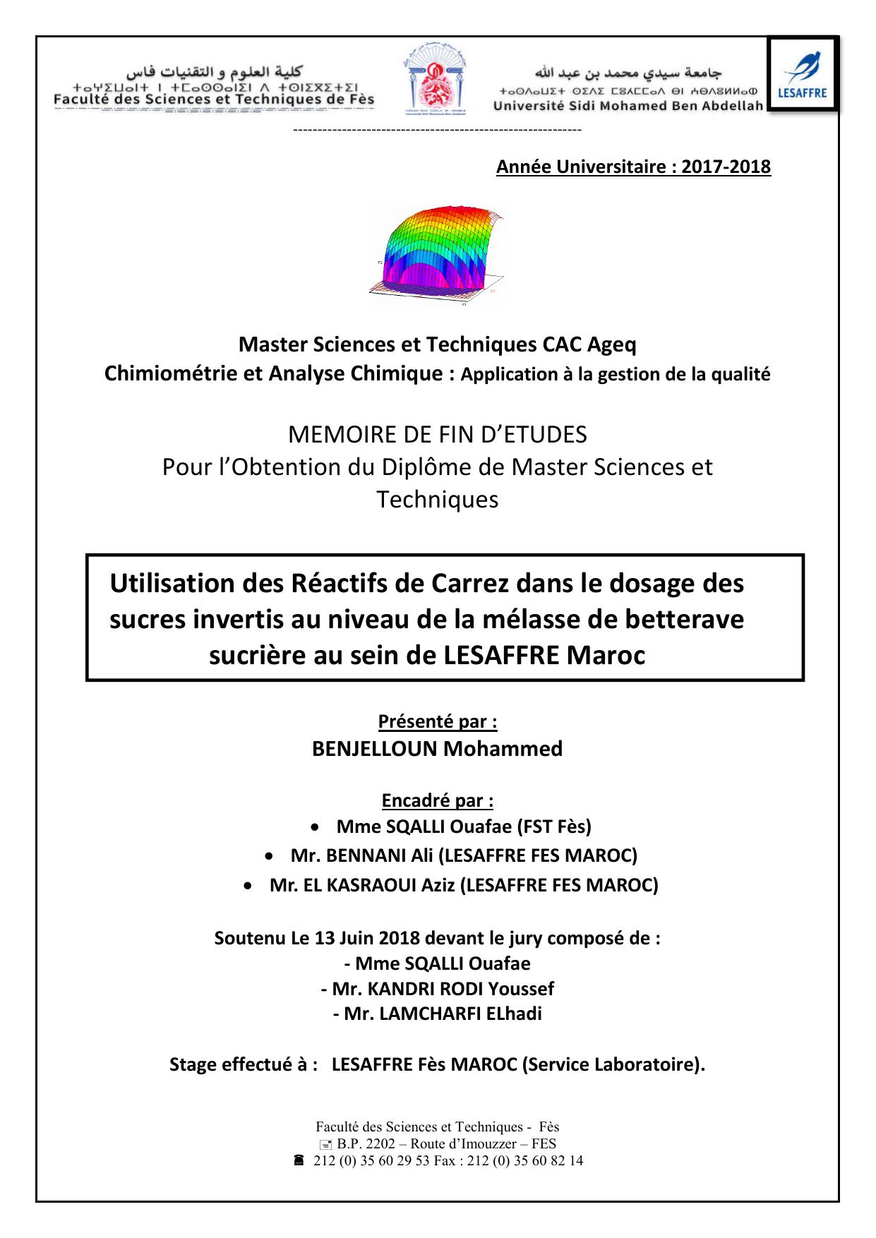 Utilisation des Réactifs de Carrez dans le dosage des sucres invertis au niveau de la mélasse de betterave sucrière au sein de LESAFFRE Maroc 2018