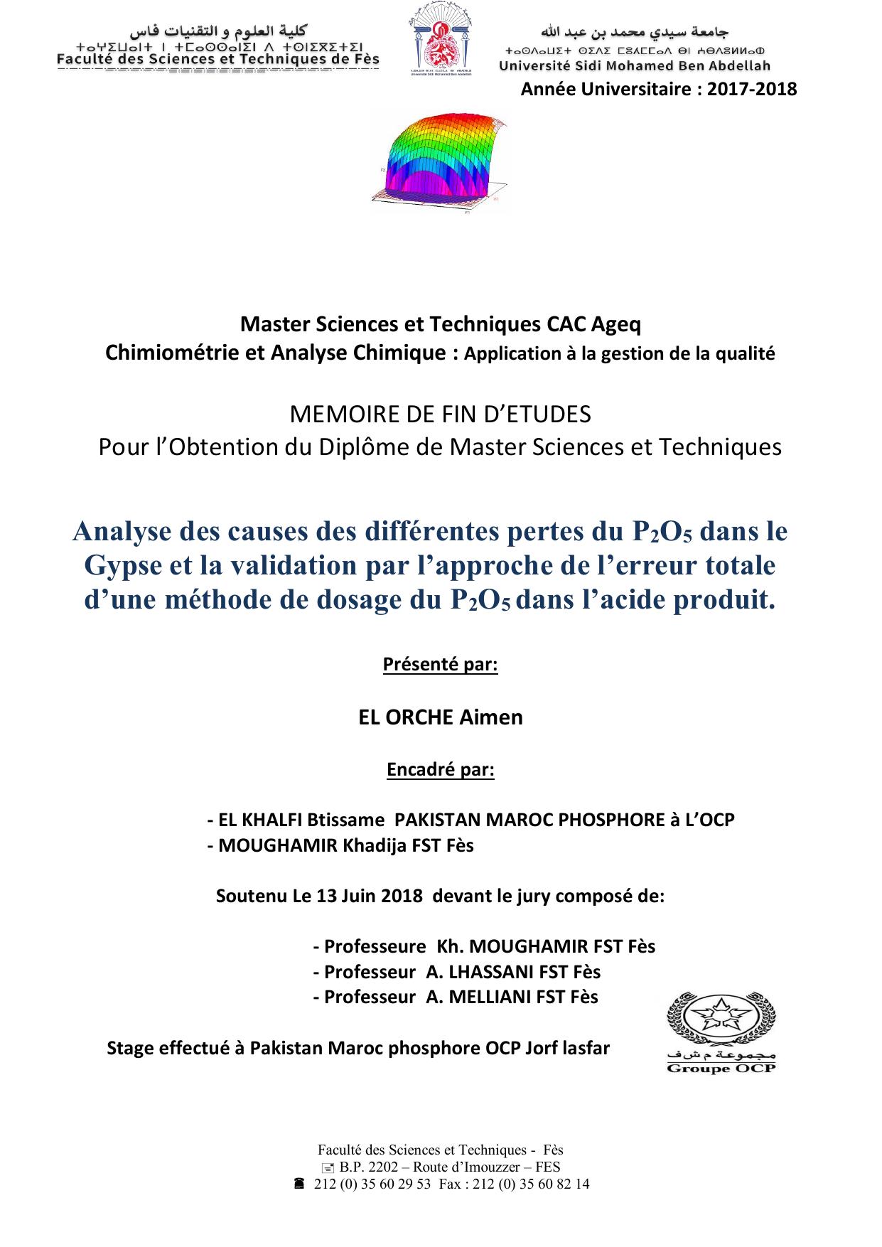 Analyse des causes des différentes pertes du P2O5 dans le Gypse et la validation par l’approche de l’erreur totale d’une méthode de dosage du P2O5 dans l’acide produit