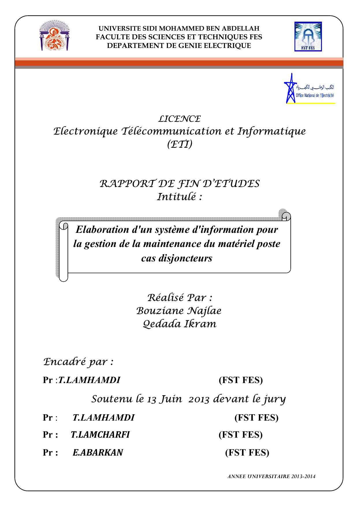 Elaboration d'un système d'information pour la gestion de la maintenance du matériel poste cas disjoncteurs