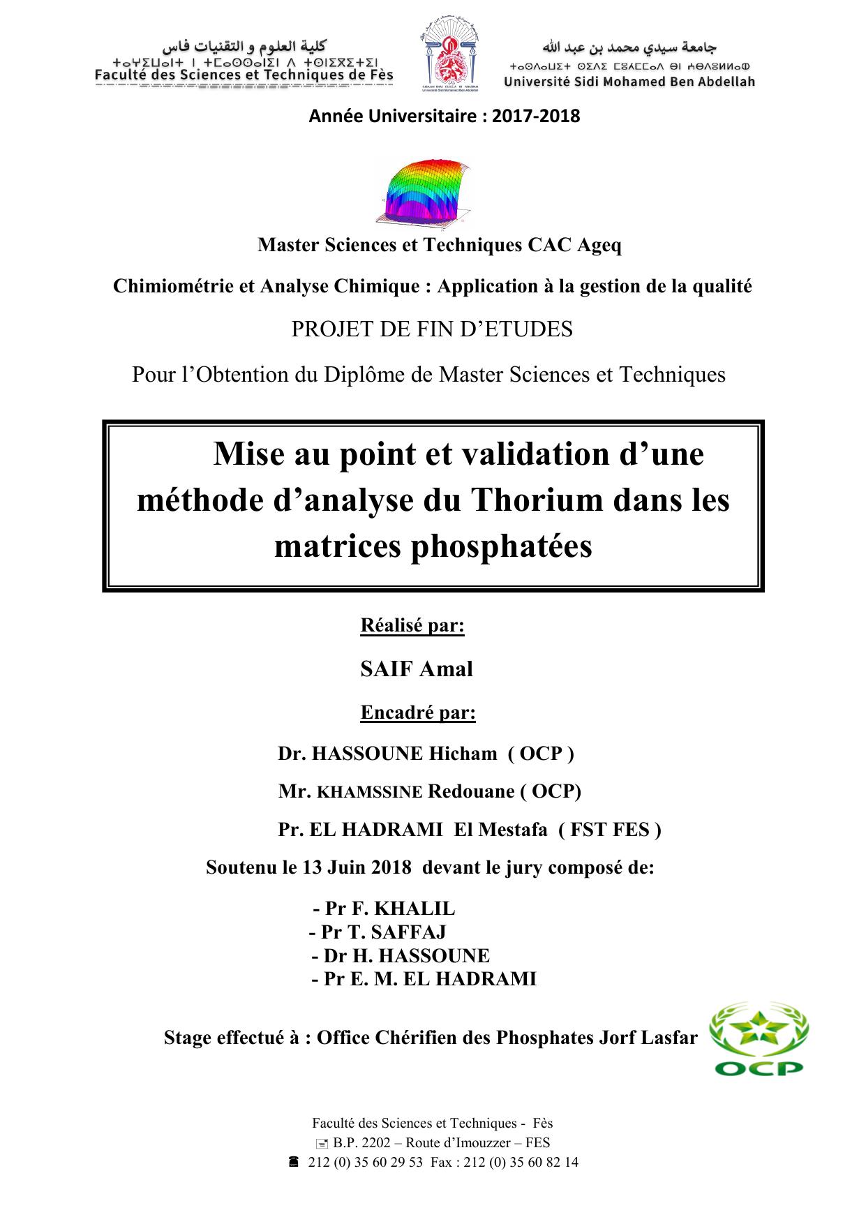 Mise au point et validation d’une méthode d’analyse du Thorium dans les matrices phosphatées