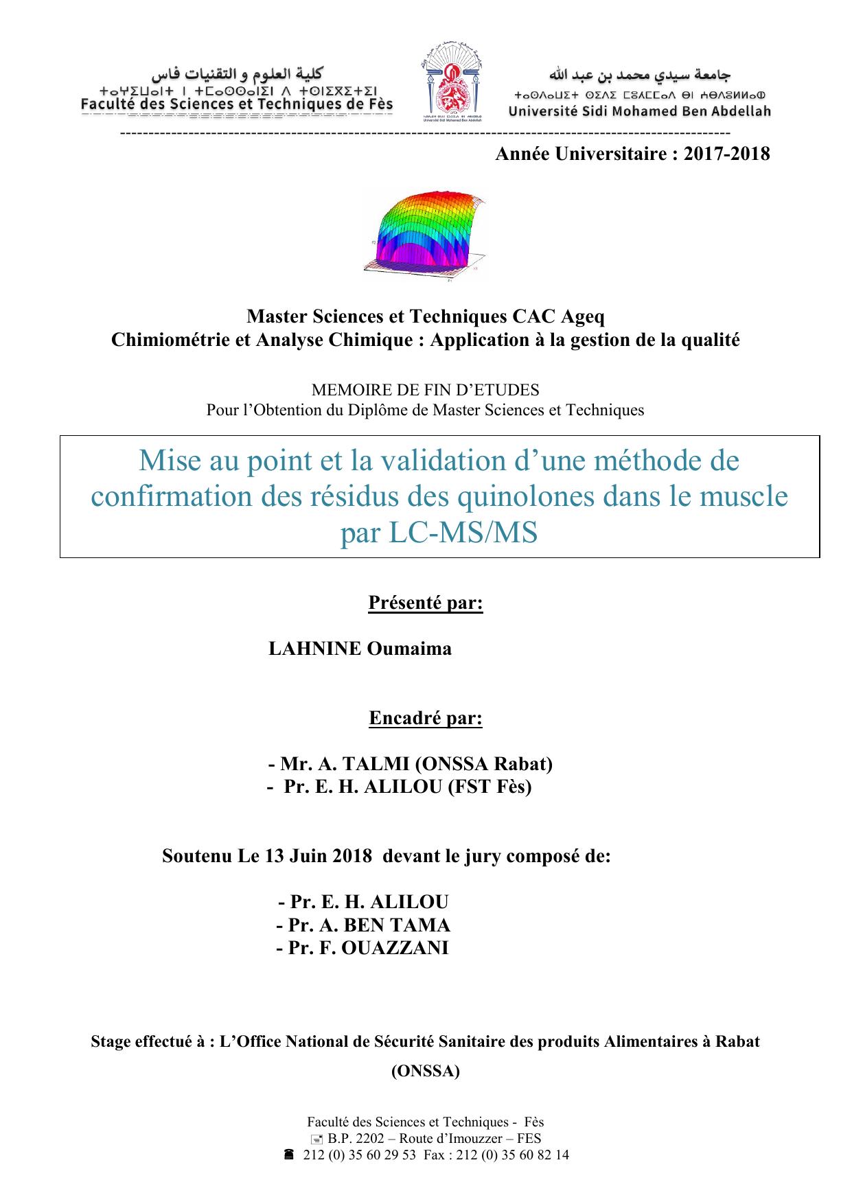 Mise au point et la validation d’une méthode de confirmation des résidus des quinolones dans le muscle par LC-MS/MS