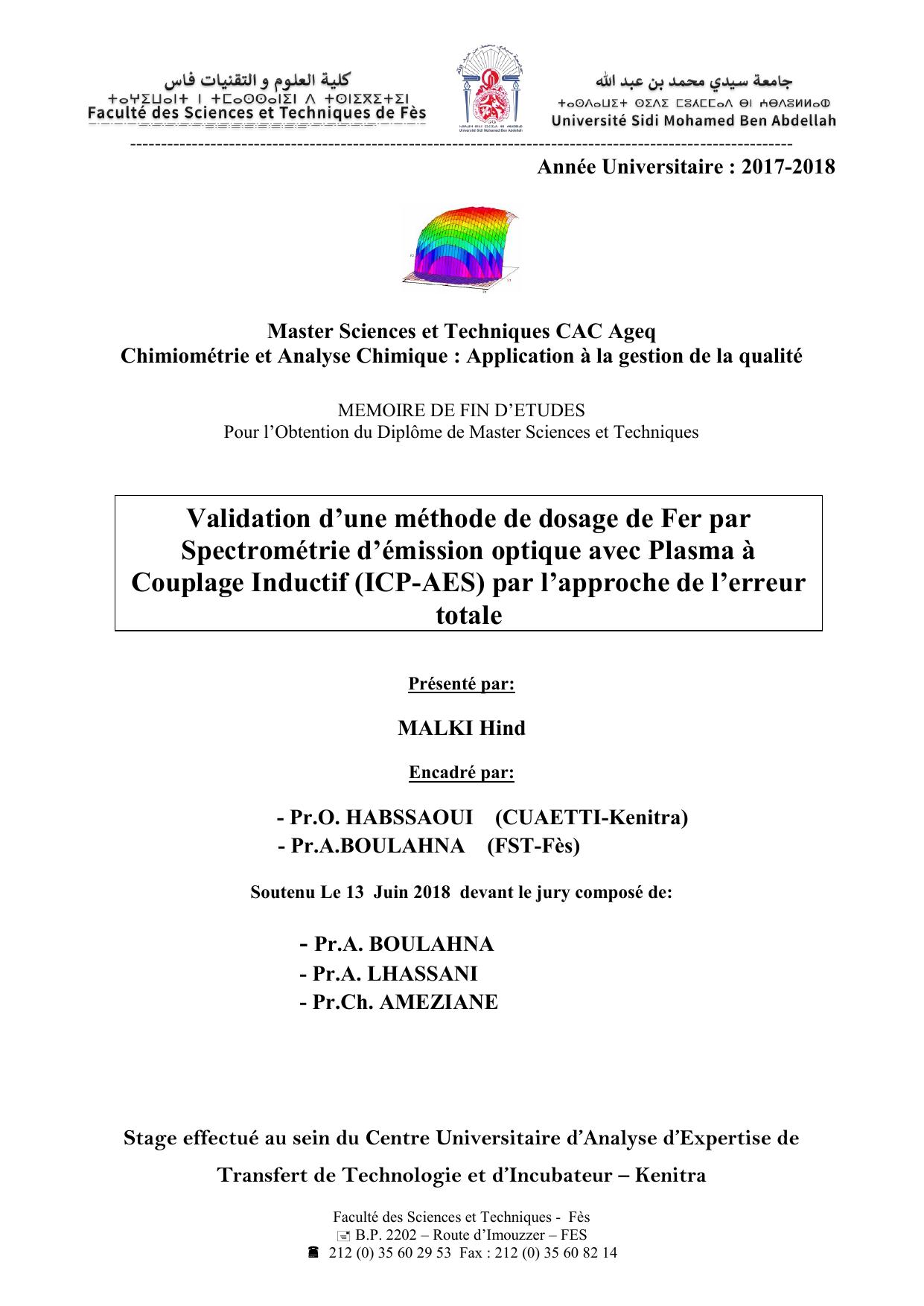 Validation d’une méthode de dosage de Fer par Spectrométrie d’émission optique avec Plasma à Couplage Inductif (ICP-AES) par l’approche de l’erreur totale