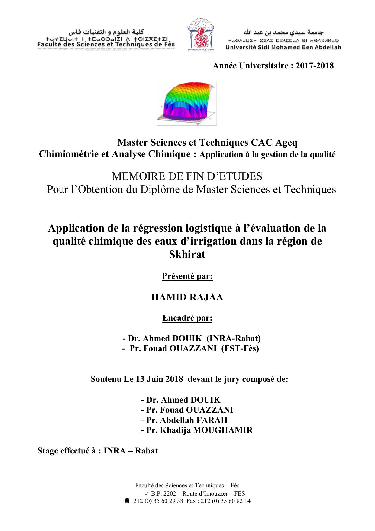 Application de la régression logistique à l’évaluation de la qualité chimique des eaux d’irrigation dans la région de Skhirat