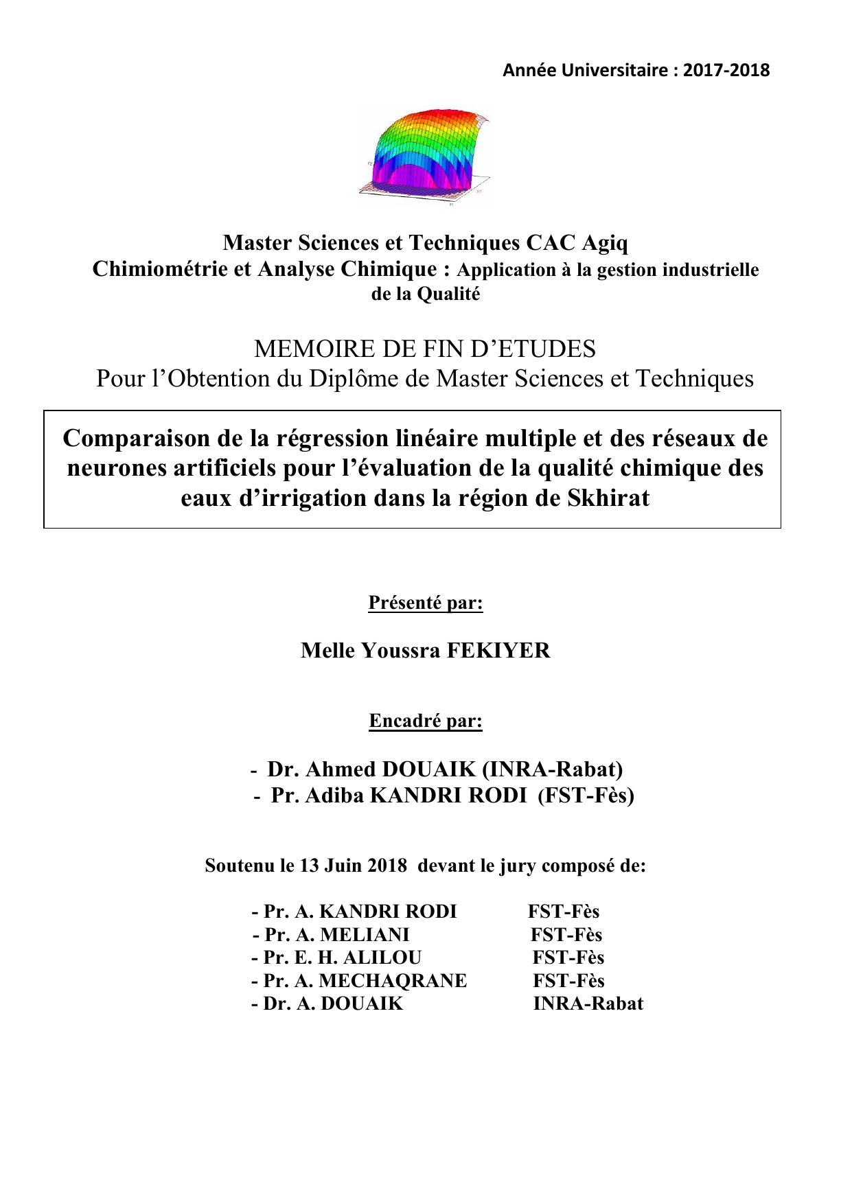 Comparaison de la régression linéaire multiple et des réseaux de neurones artificiels pour l’évaluation de la qualité chimique des eaux d’irrigation dans la région de Skhirat