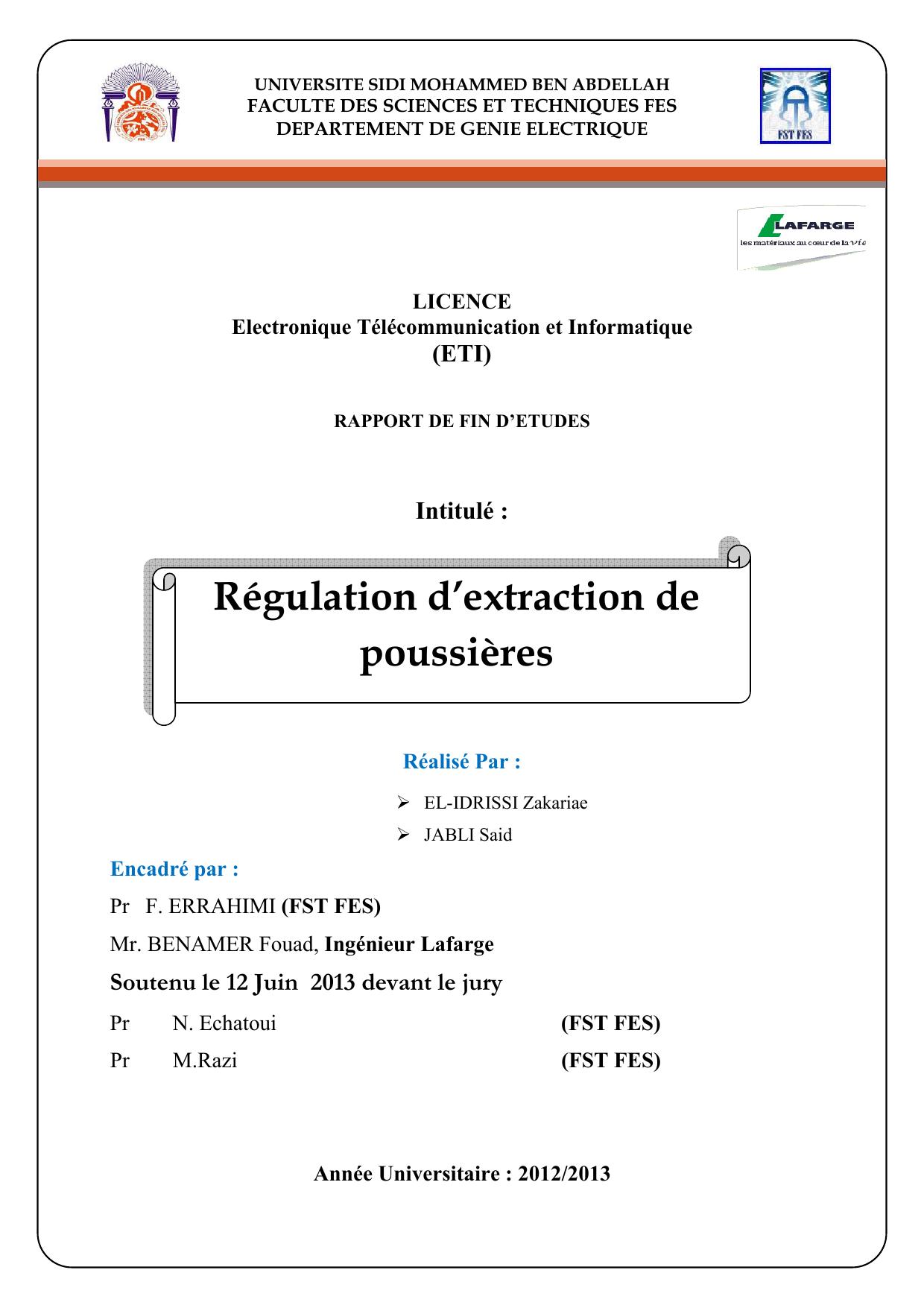 Régulation d’extraction de poussières