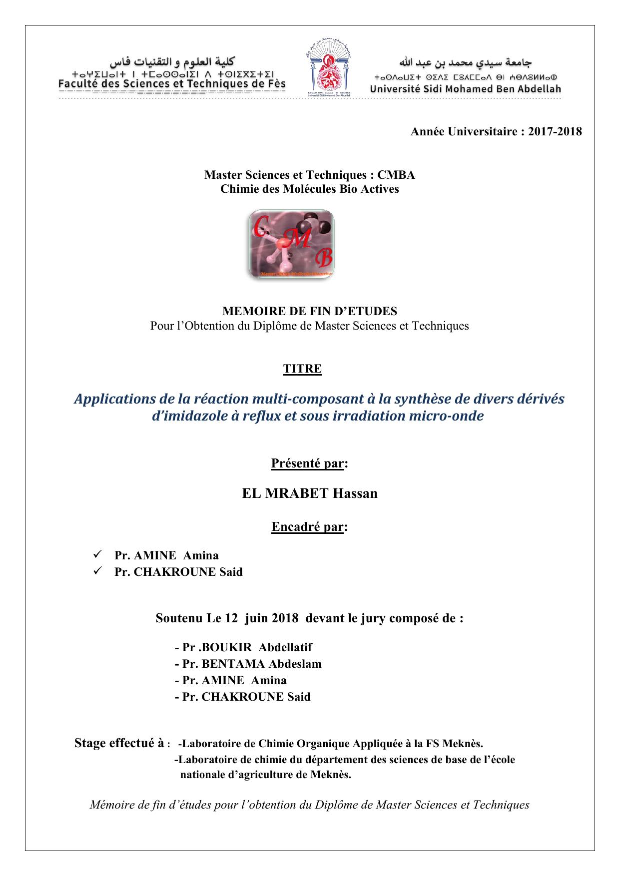 Applications de la réaction multi-composant à la synthèse de divers dérivés d’imidazole à reflux et sous irradiation micro-onde