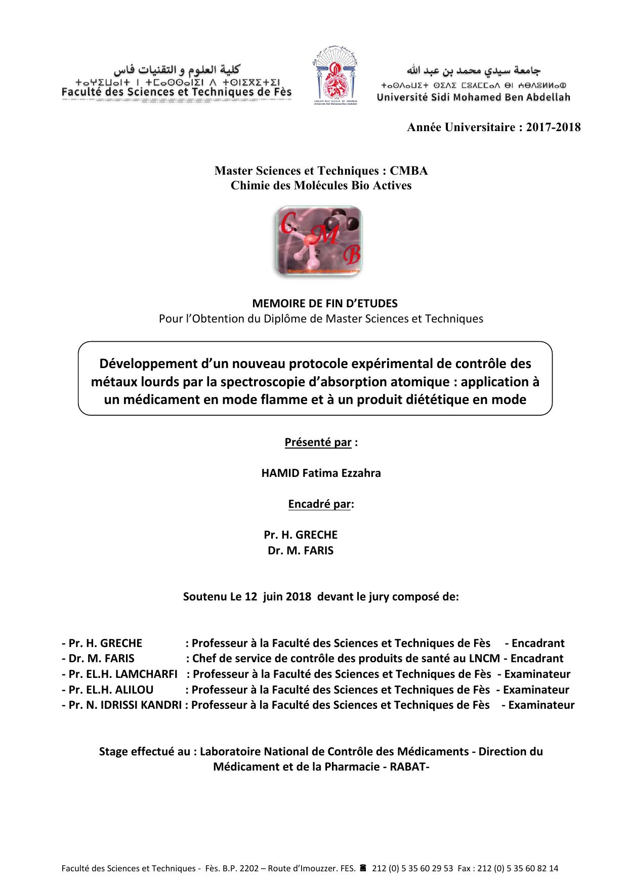 Développement d’un nouveau protocole expérimental de contrôle des métaux lourds par la spectroscopie d’absorption atomique : application à un médicament en mode flamme et à un produit diététique en mode