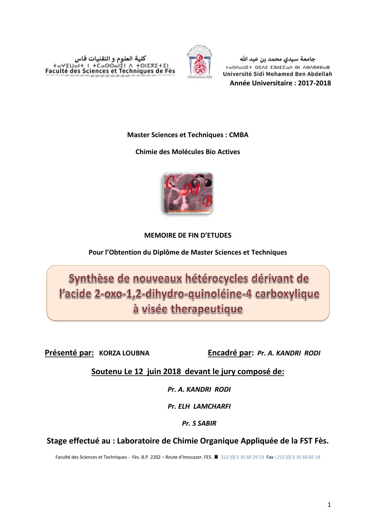 Synthèse de nouveaux hétérocycles dérivant de l’acide 1,2-dihydro-2-oxo-quinoléine-4-carboxylique à visée thérapeutique