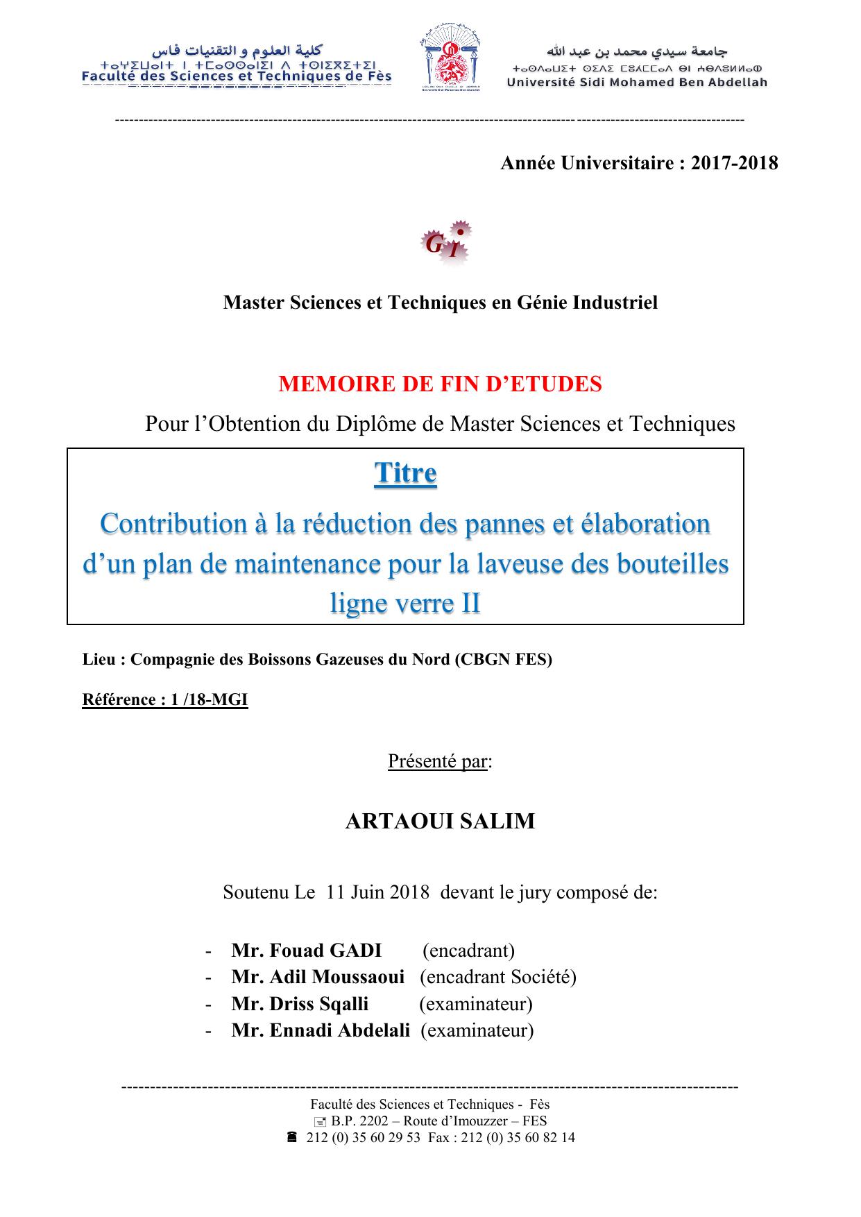 Contribution à la réduction des pannes et élaboration d’un plan de maintenance pour la laveuse des bouteilles ligne verre II