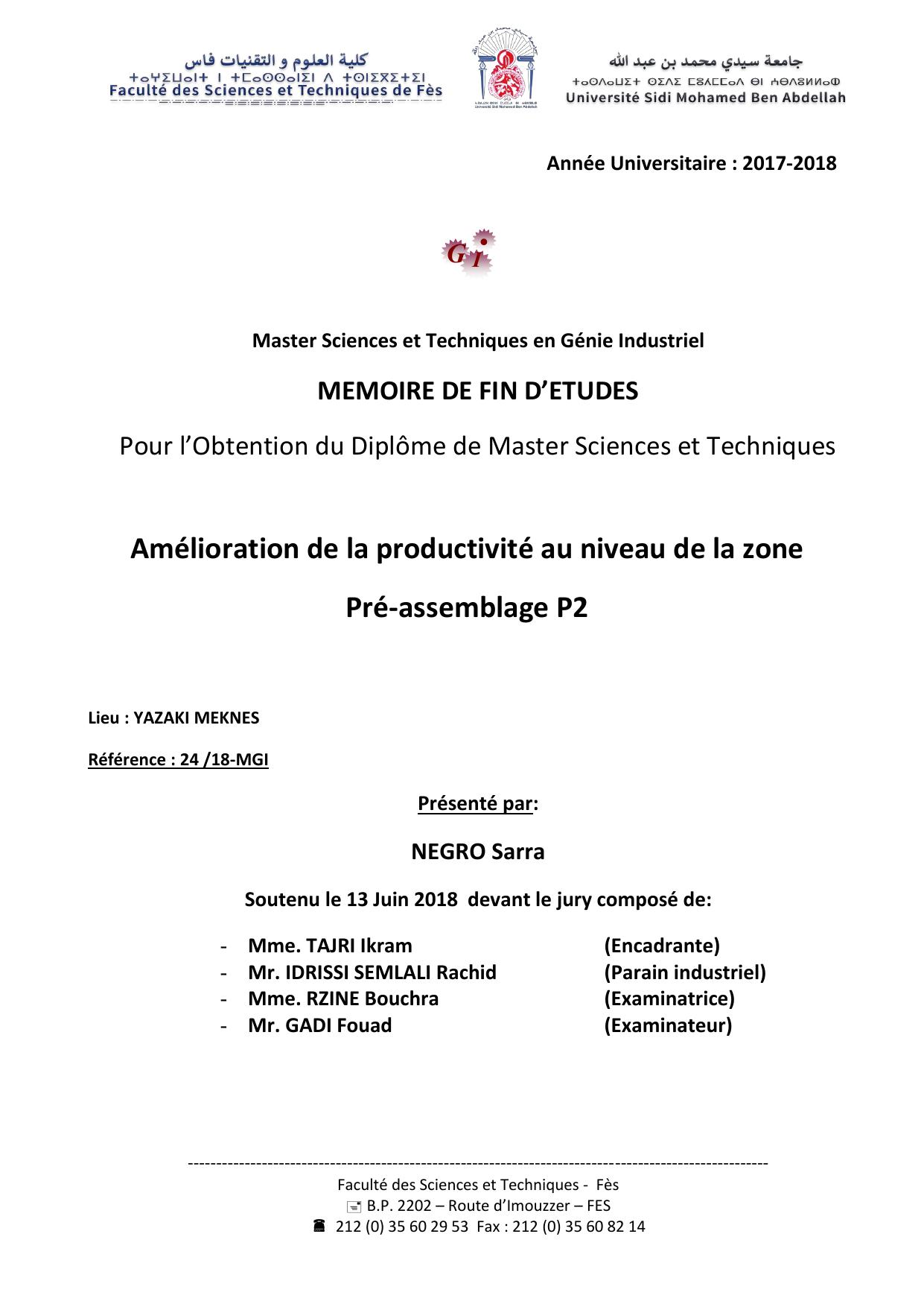 Amélioration de la productivité au niveau de la zone Pré-assemblage P2