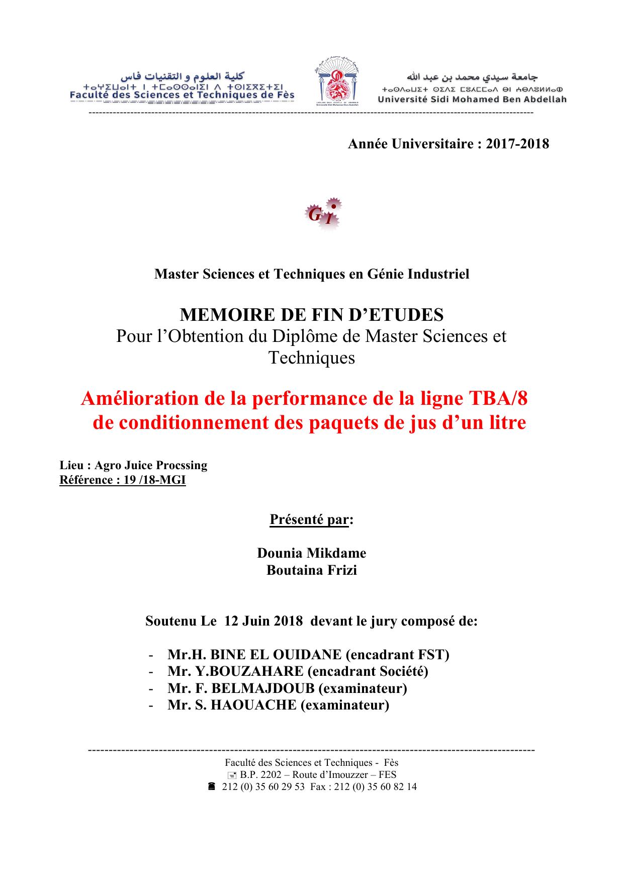 Amélioration de la performance de la ligne TBA/8 de conditionnement des paquets de jus d’un litre