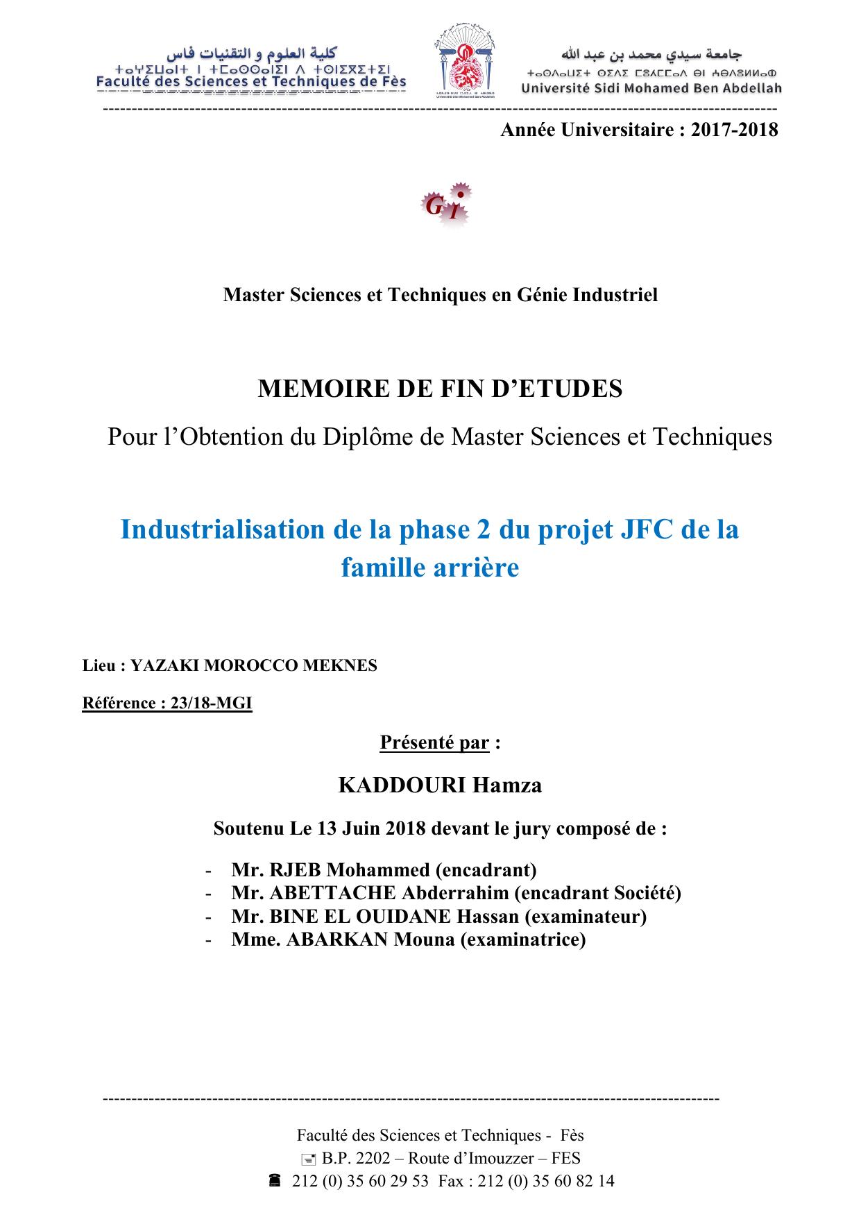 Industrialisation de la phase 2 du projet JFC de la famille arrière