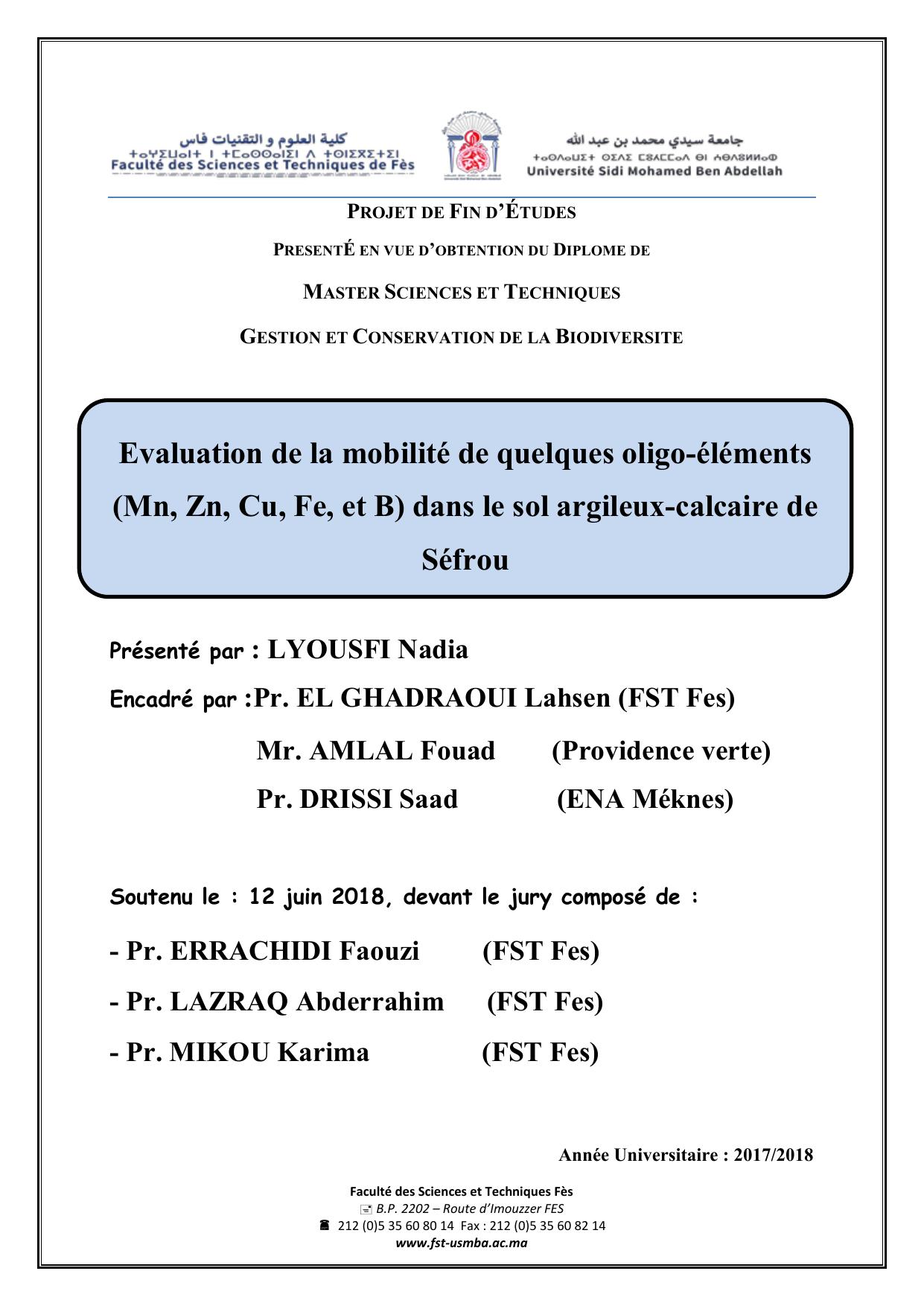 Evaluation de la mobilité de quelques oligo-éléments (Mn, Zn, Cu, Fe, et B) dans le sol argileux-calcaire de Séfrou