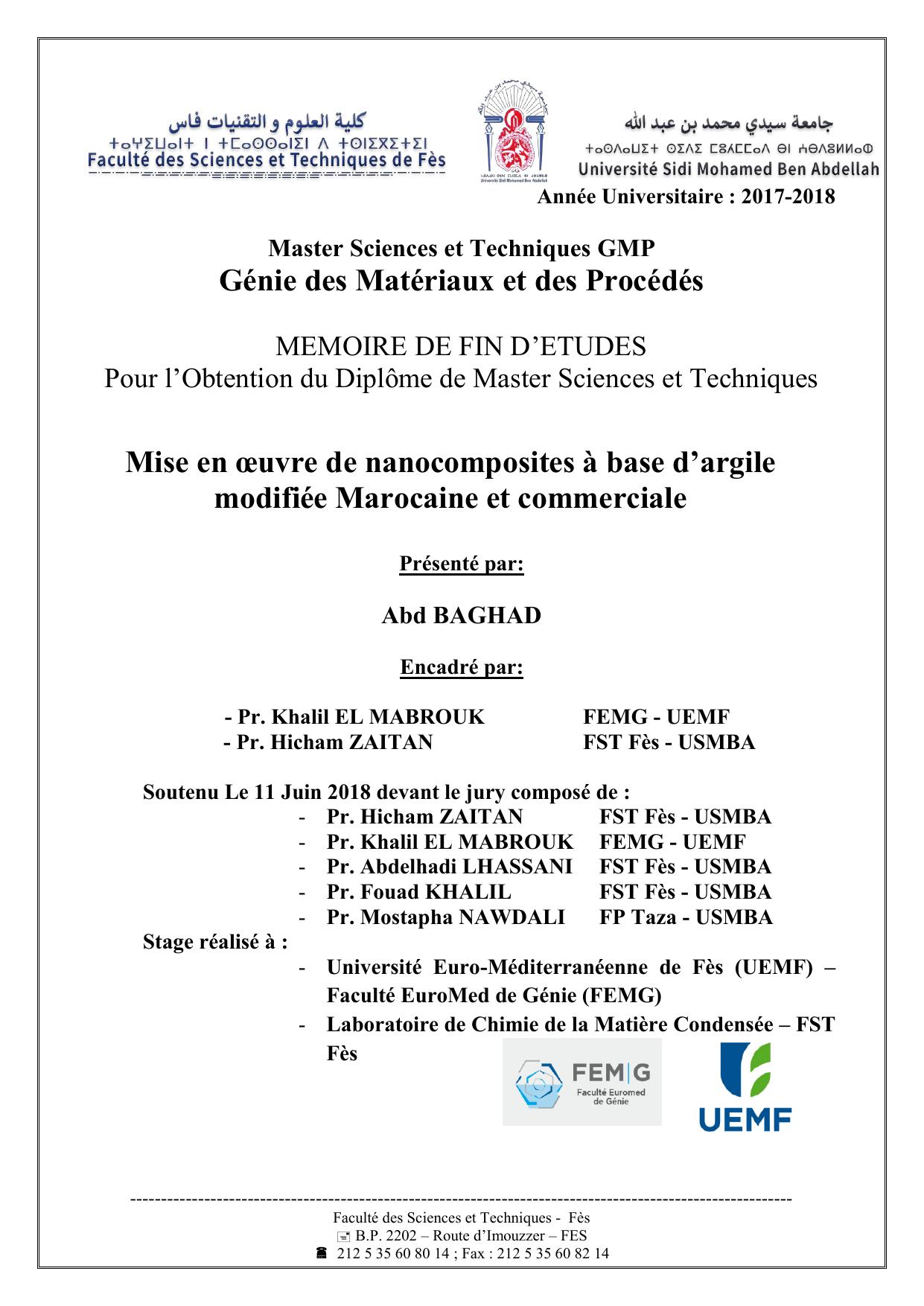 Mise en oeuvre de nanocomposites à base d’argile modifiée Marocaine et commerciale