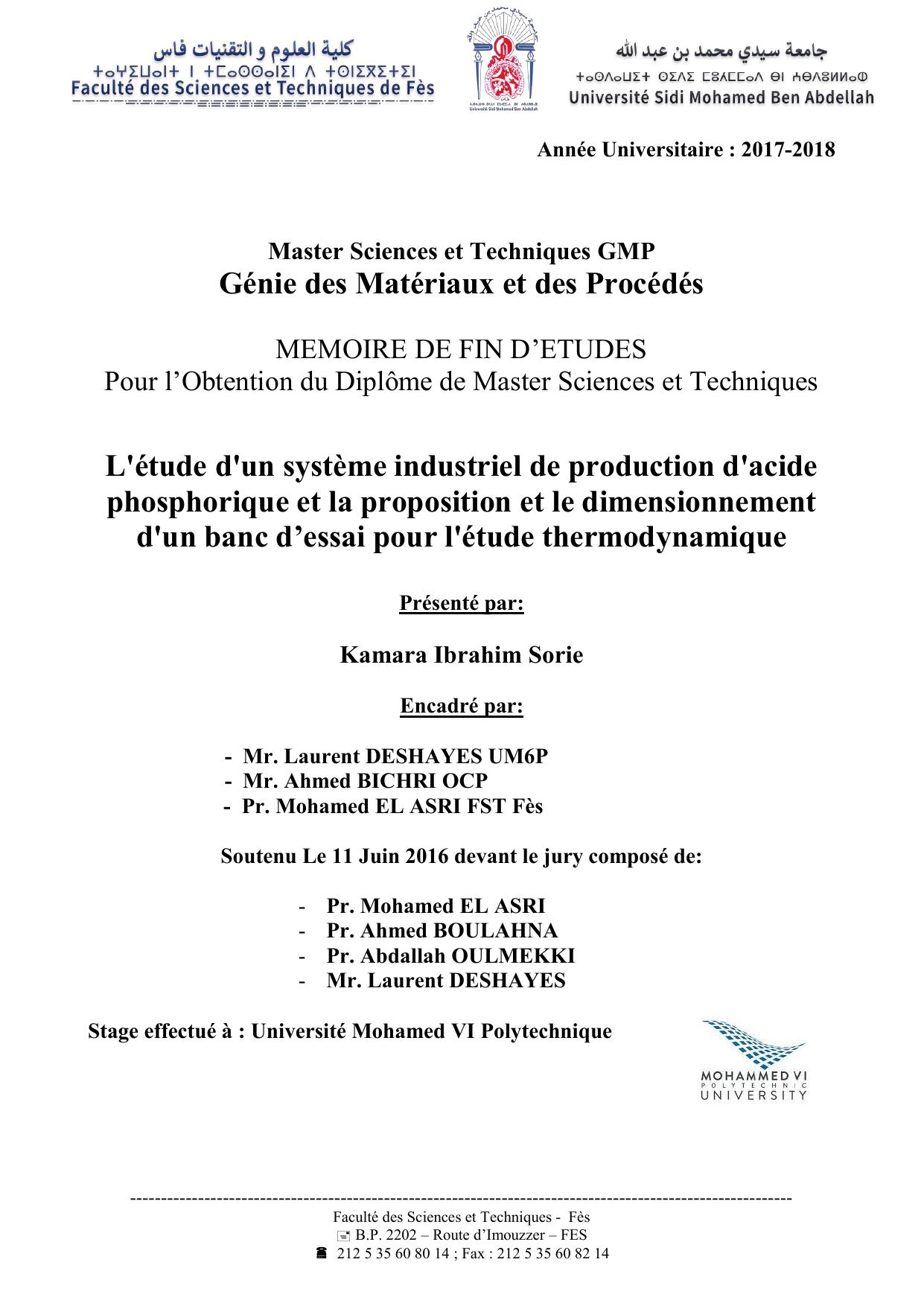 L'étude d'un système industriel de production d'acide phosphorique et la proposition et le dimensionnement d'un banc d’essai pour l'étude thermodynamique