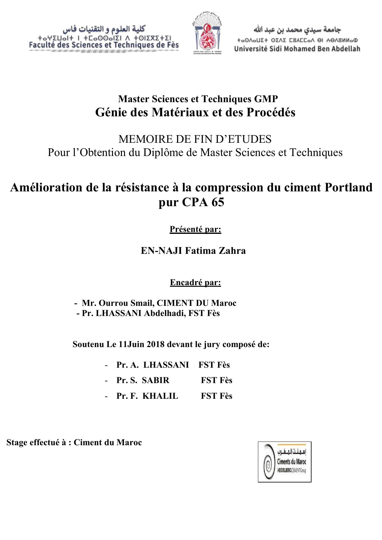 Amélioration de la résistance à la compression du ciment Portland pur CPA 65