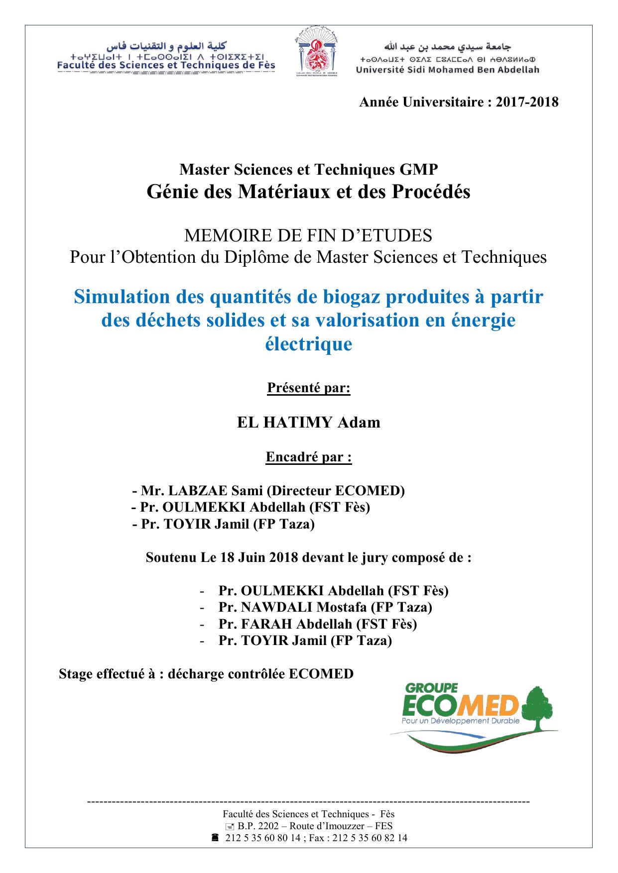 Simulation des quantités de biogaz produites à partir des déchets solides et sa valorisation en énergie électrique