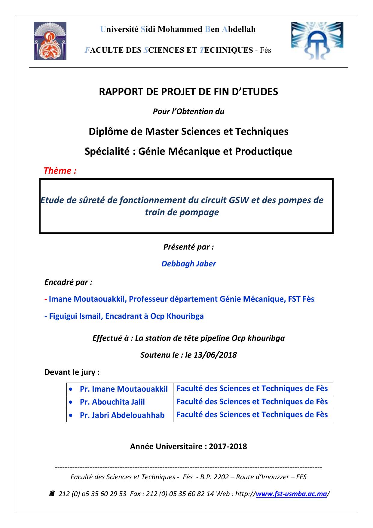 Etude de sûreté de fonctionnement du circuit GSW et des pompes de train de pompage