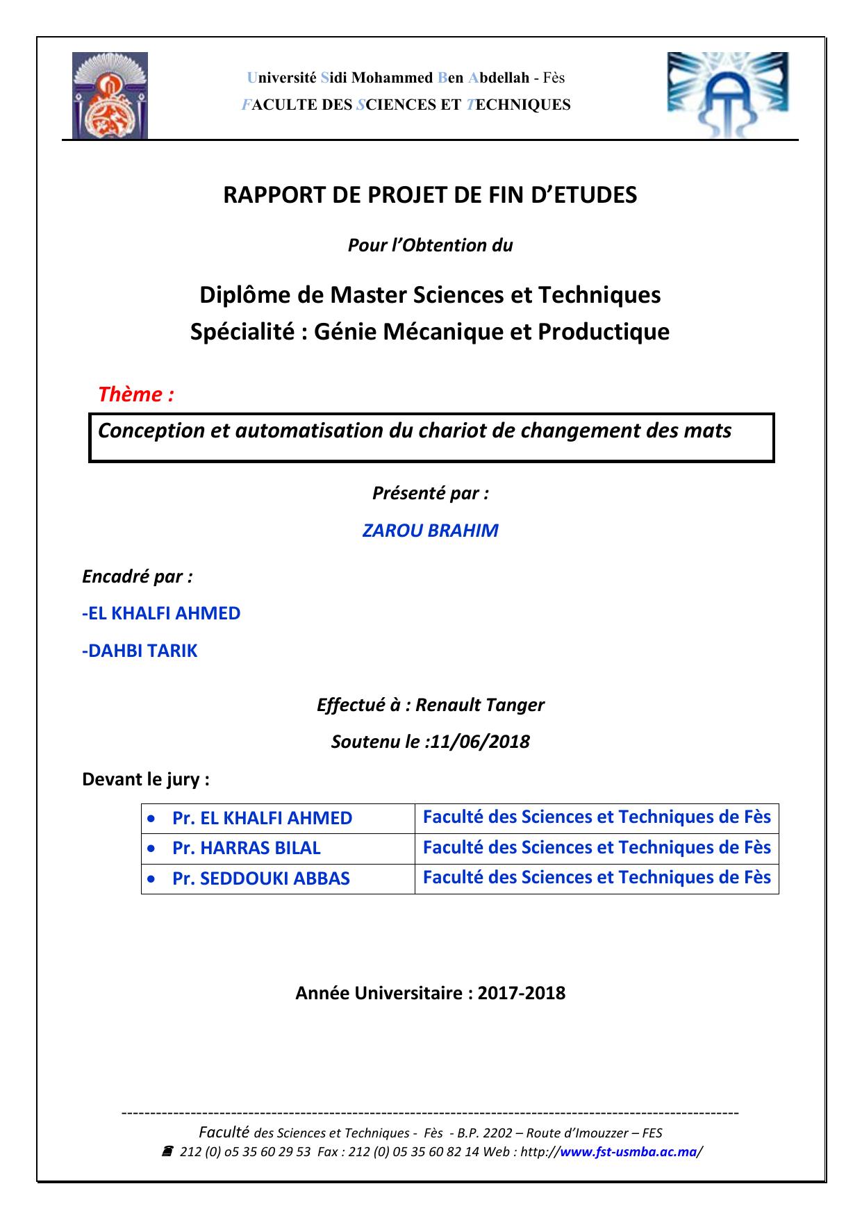 Conception et automatisation du chariot de changement des mats