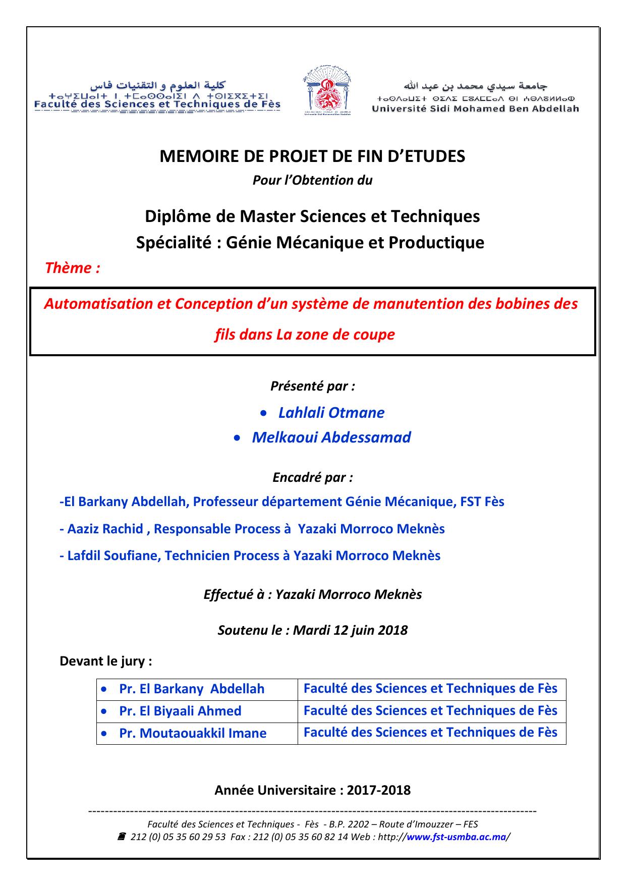 Automatisation et Conception d’un système de manutention des bobines des fils dans La zone de coupe