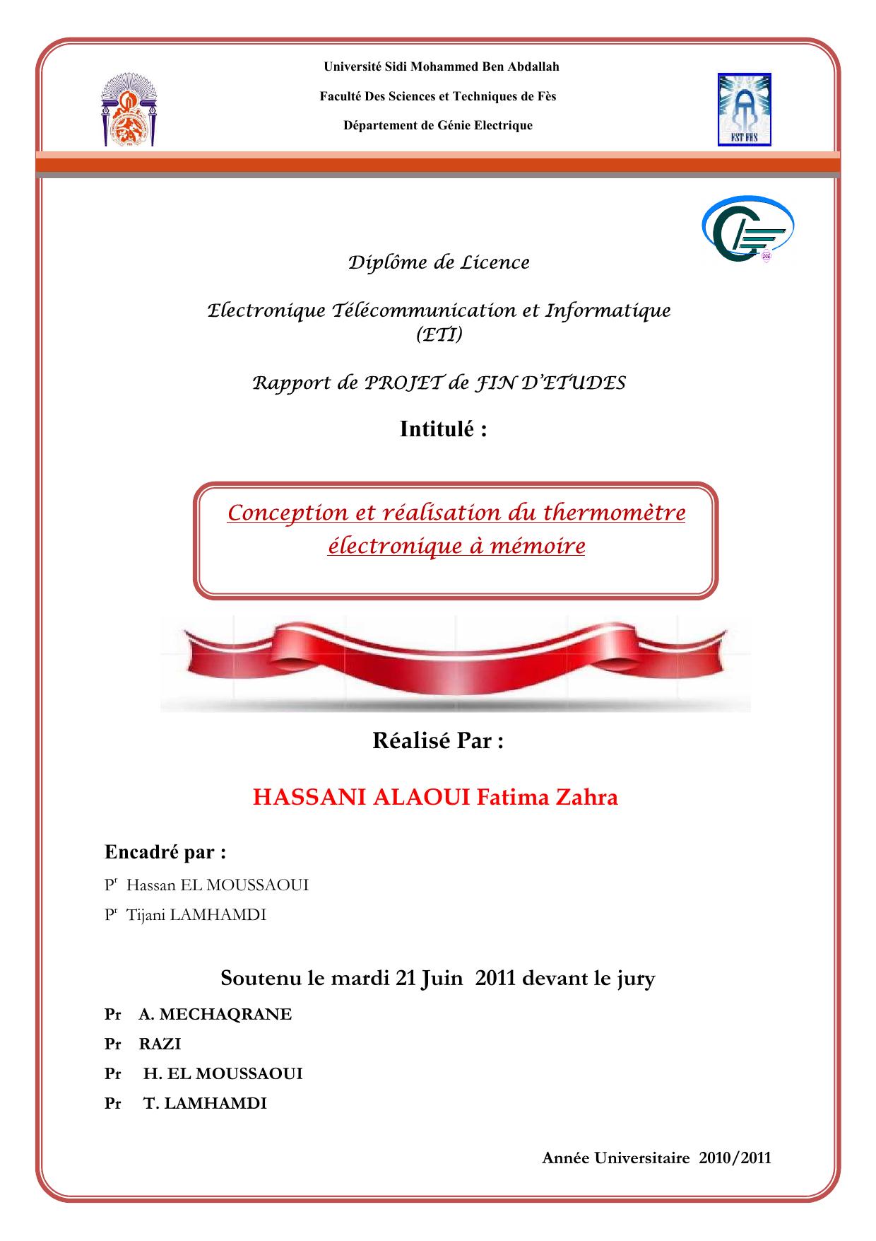 Conception et réalisation du thermomètre électronique à mémoire