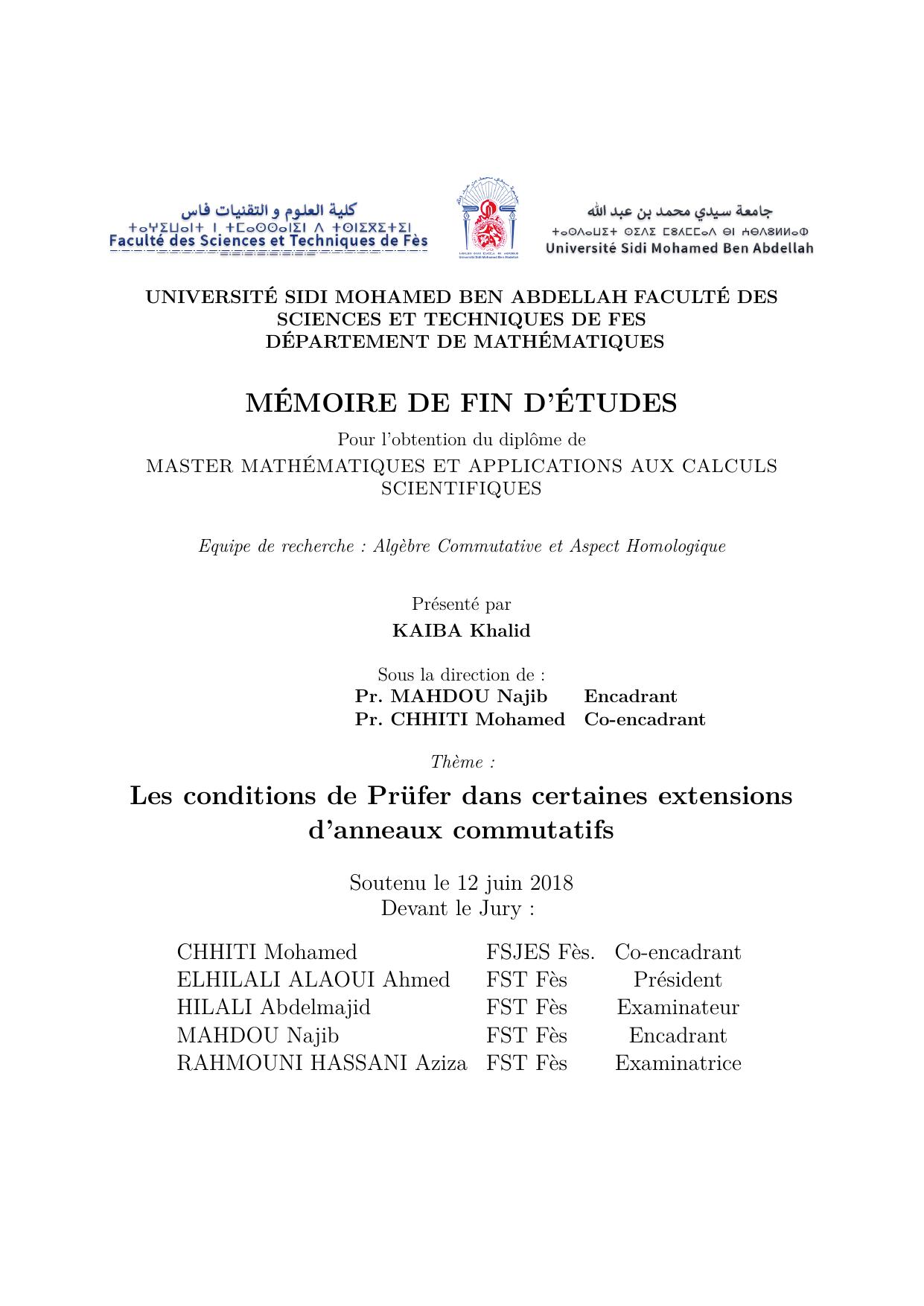 Equipe de recherche : Algèbre Commutative et Aspect Homologique